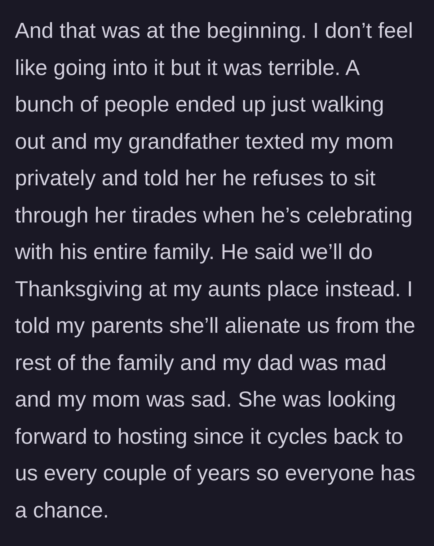 Story part 5 - Extended family members walk out of the diner, and the grandfather completely relocates Thanksgiving to avoid the sister.