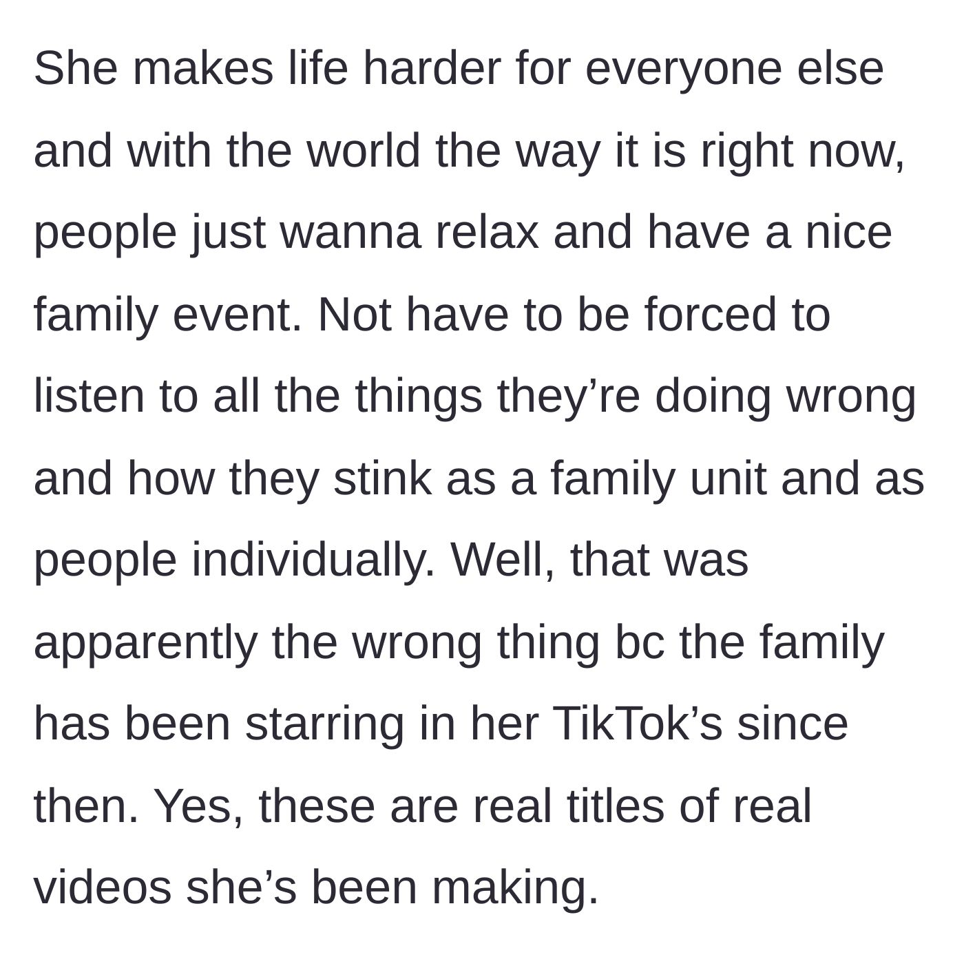 Story part 7 - The brother explains that people just want to relax at family events, which prompts the sister to start making TikToks exposing the family.