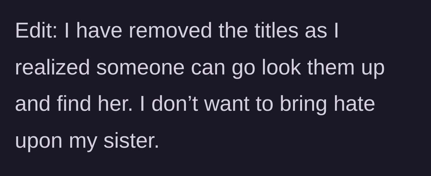 Story part 9 - An edit from the brother explaining he removed the real video titles from his post to protect his sister from online hate.