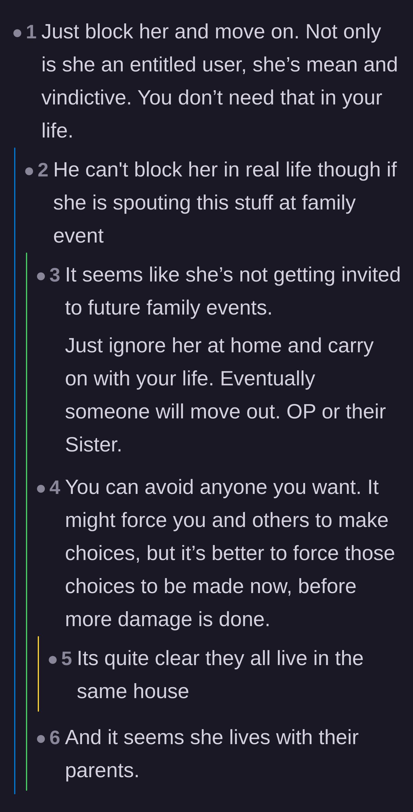 Comment thread 2 - A debate on how to completely block and ignore a toxic sibling when you still live in the same house.