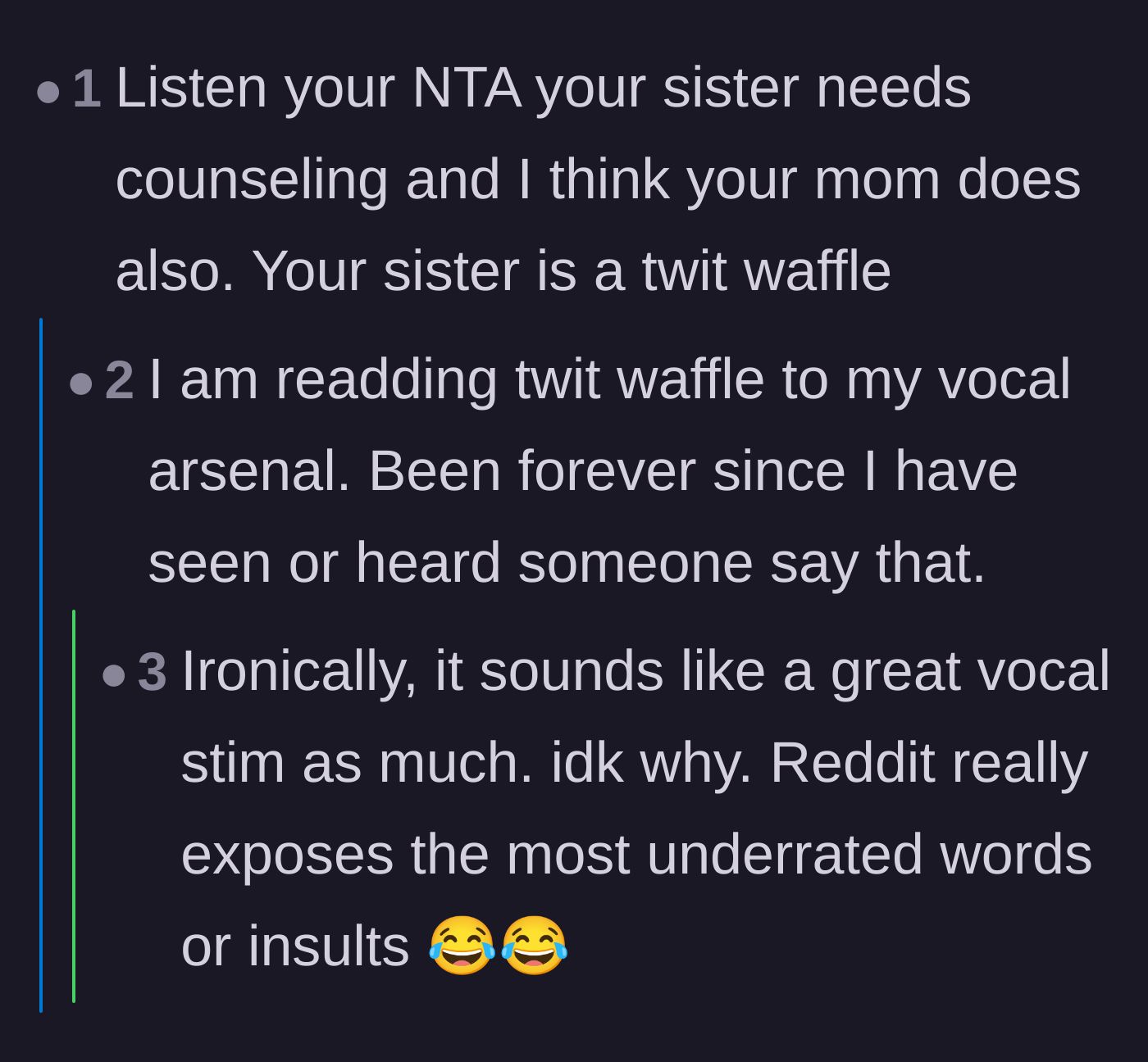 Comment thread 3 - Users suggest counseling for the family and celebrate a highly creative, breakfast-themed insult for the sister.