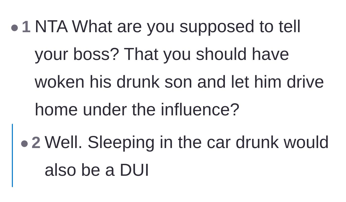 Comment thread 1 - Debate about the legal implications of waking up a drunk driver versus leaving him in the running truck.