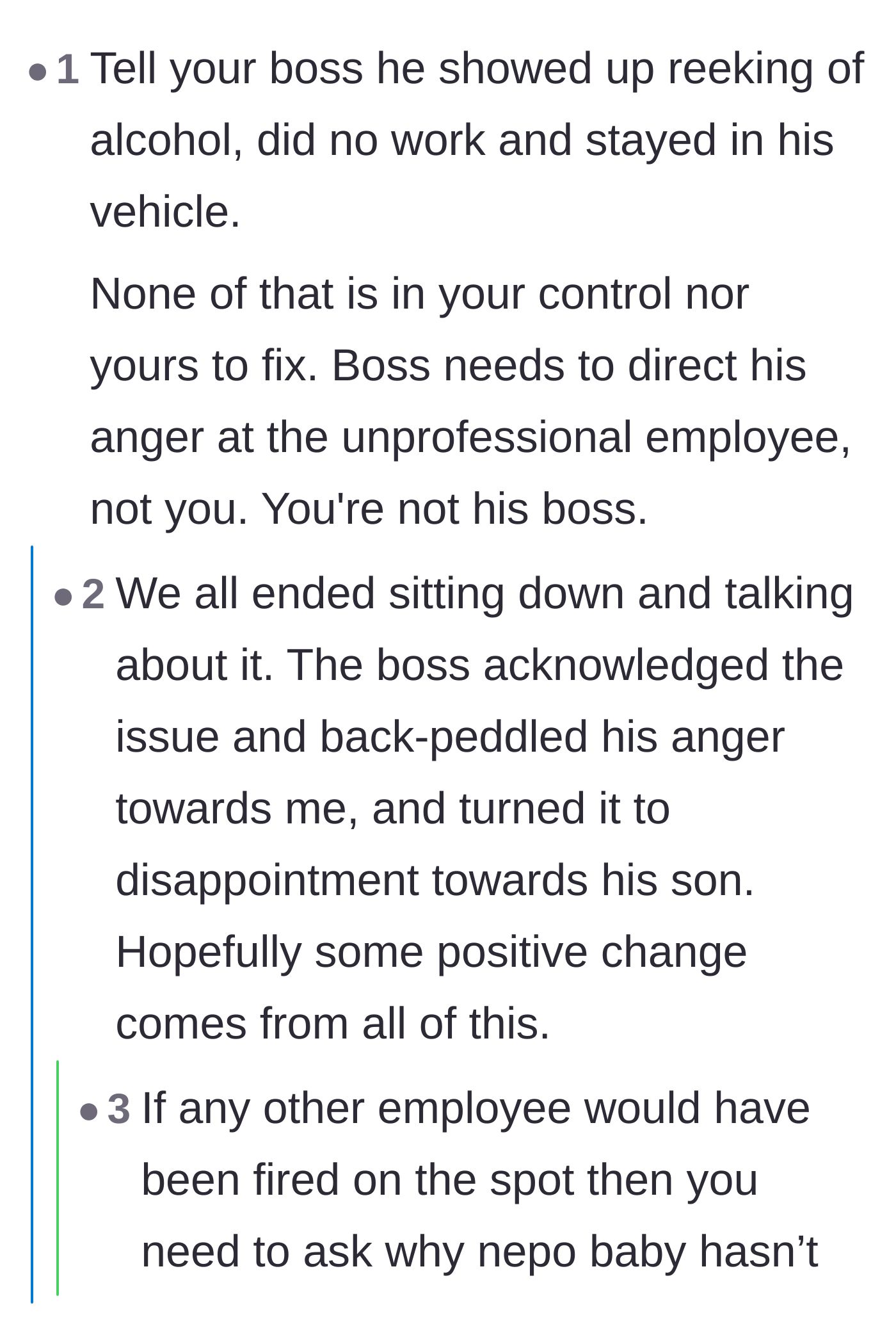 Comment thread 2 - Discussion about the boss misdirecting his anger and the double standards of firing a regular employee versus a relative.