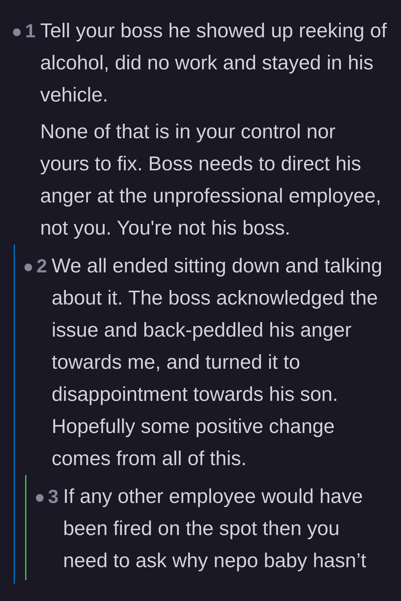 Comment thread 2 - Discussion about the boss misdirecting his anger and the double standards of firing a regular employee versus a relative.