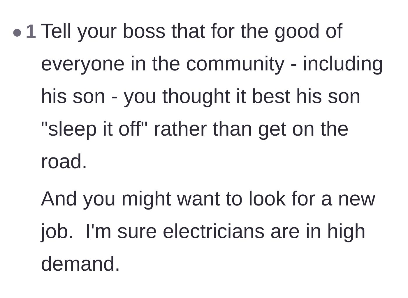 Comment thread 4 - Suggesting a diplomatic excuse for the boss and advising the electrician to leverage his trade skills to find a new job.