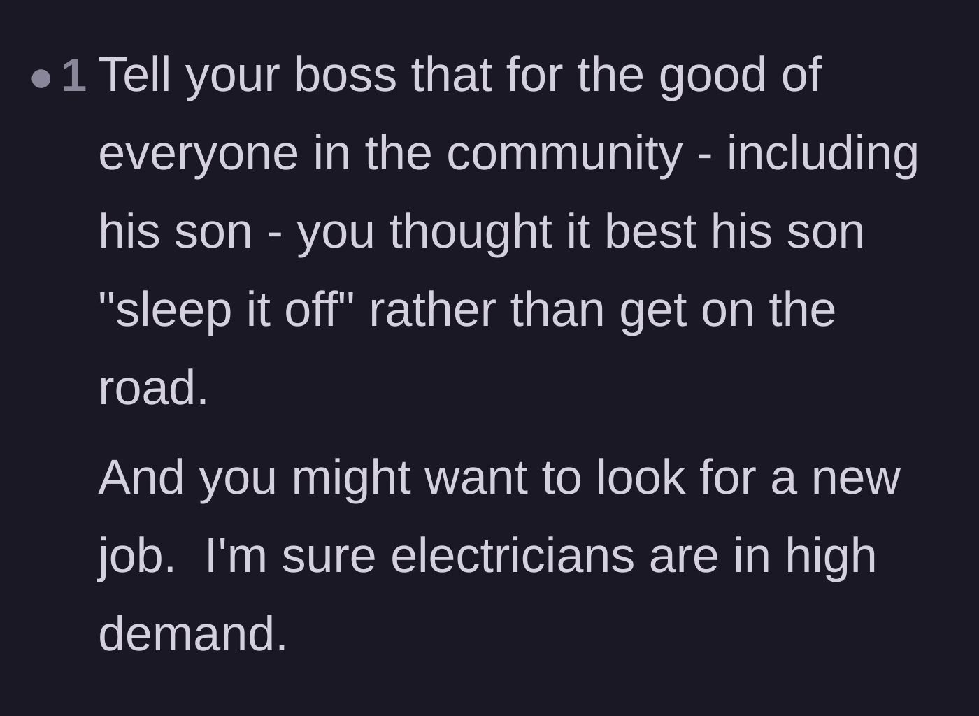 Comment thread 4 - Suggesting a diplomatic excuse for the boss and advising the electrician to leverage his trade skills to find a new job.