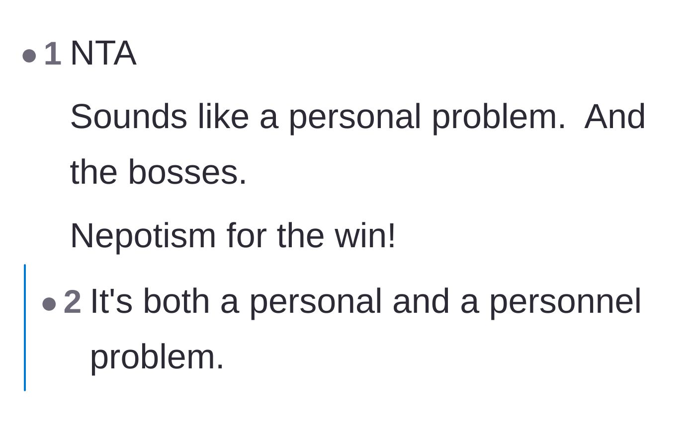 Comment thread 5 - A short exchange making a pun about the nepotism being both a personal and personnel problem.