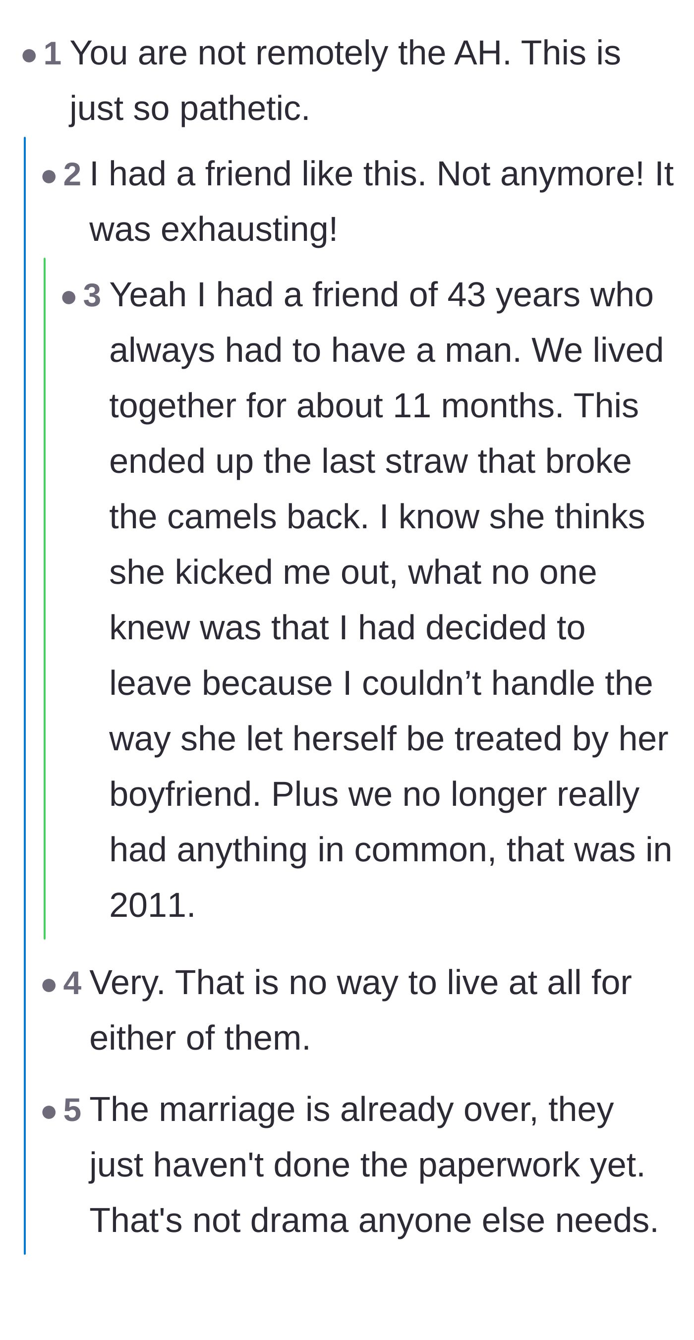 Comment thread 1 - Readers sharing their own exhausting experiences with friends who sacrifice their dignity and friendships to keep a toxic man around.