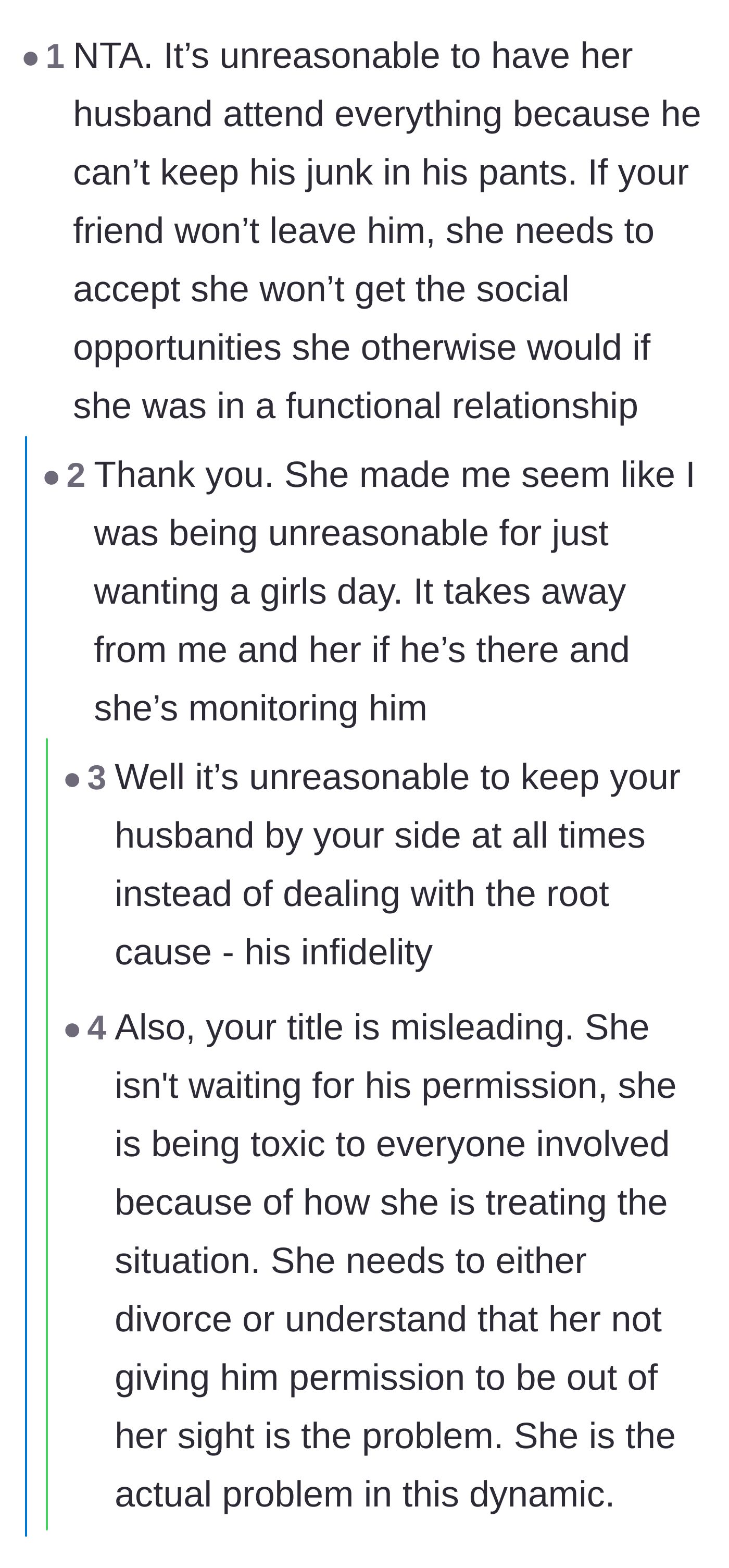 Comment thread 2 - A discussion pointing out that the wife is the real problem for expecting friends to tolerate her husband, plus a funny reality check about how easily he could still cheat.