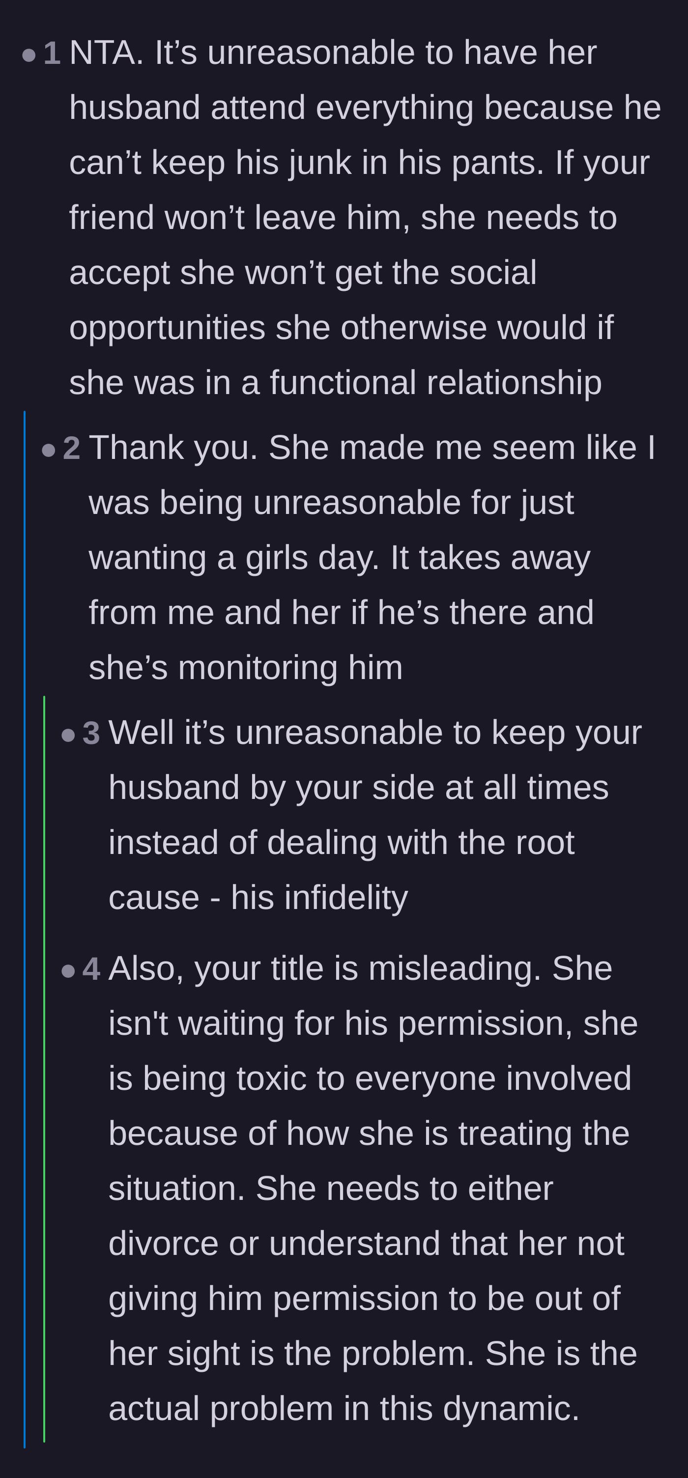 Comment thread 2 - A discussion pointing out that the wife is the real problem for expecting friends to tolerate her husband, plus a funny reality check about how easily he could still cheat.