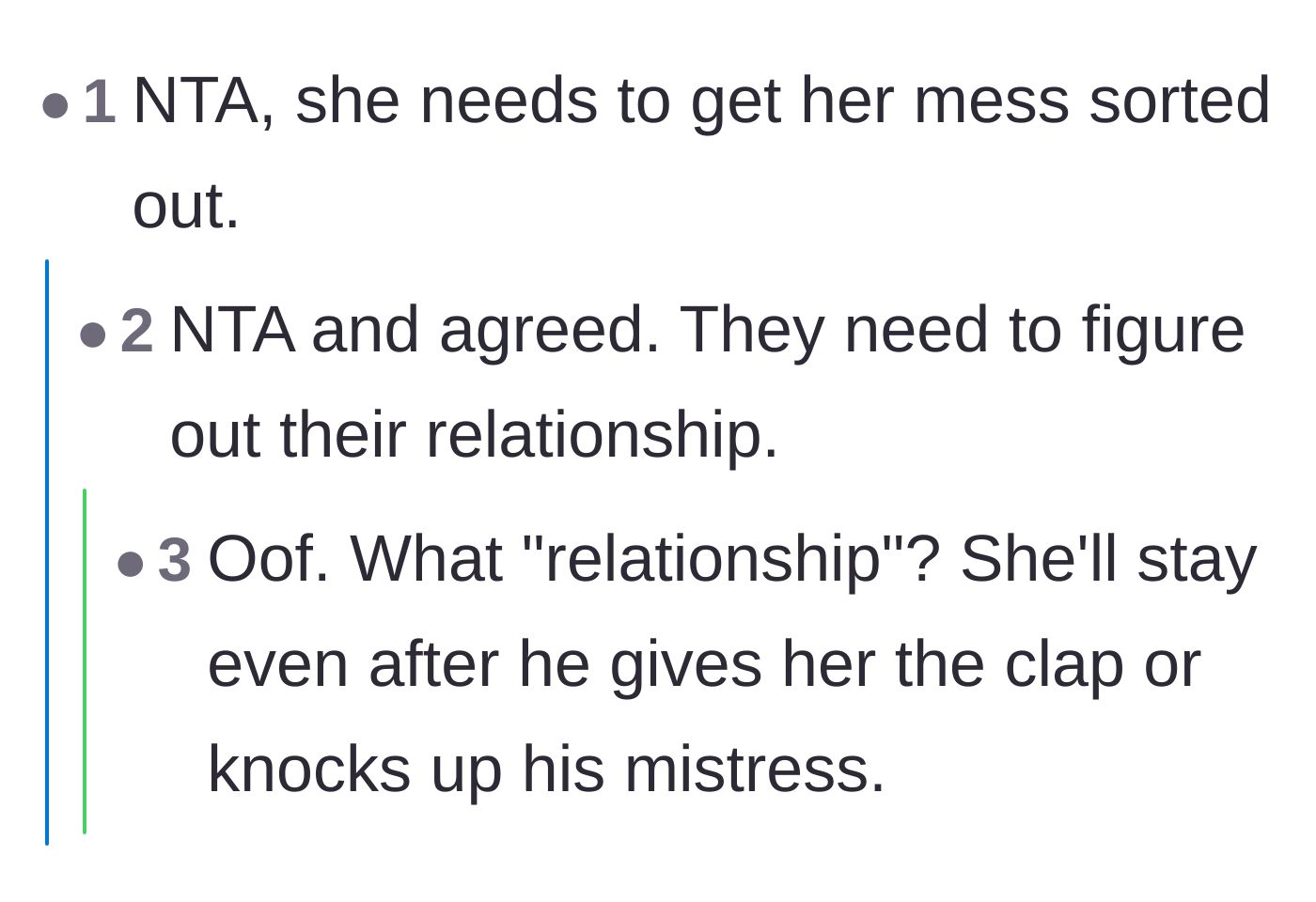Comment thread 3 - Brutal commentary on the lack of a real relationship and the wife's utter lack of self-respect.