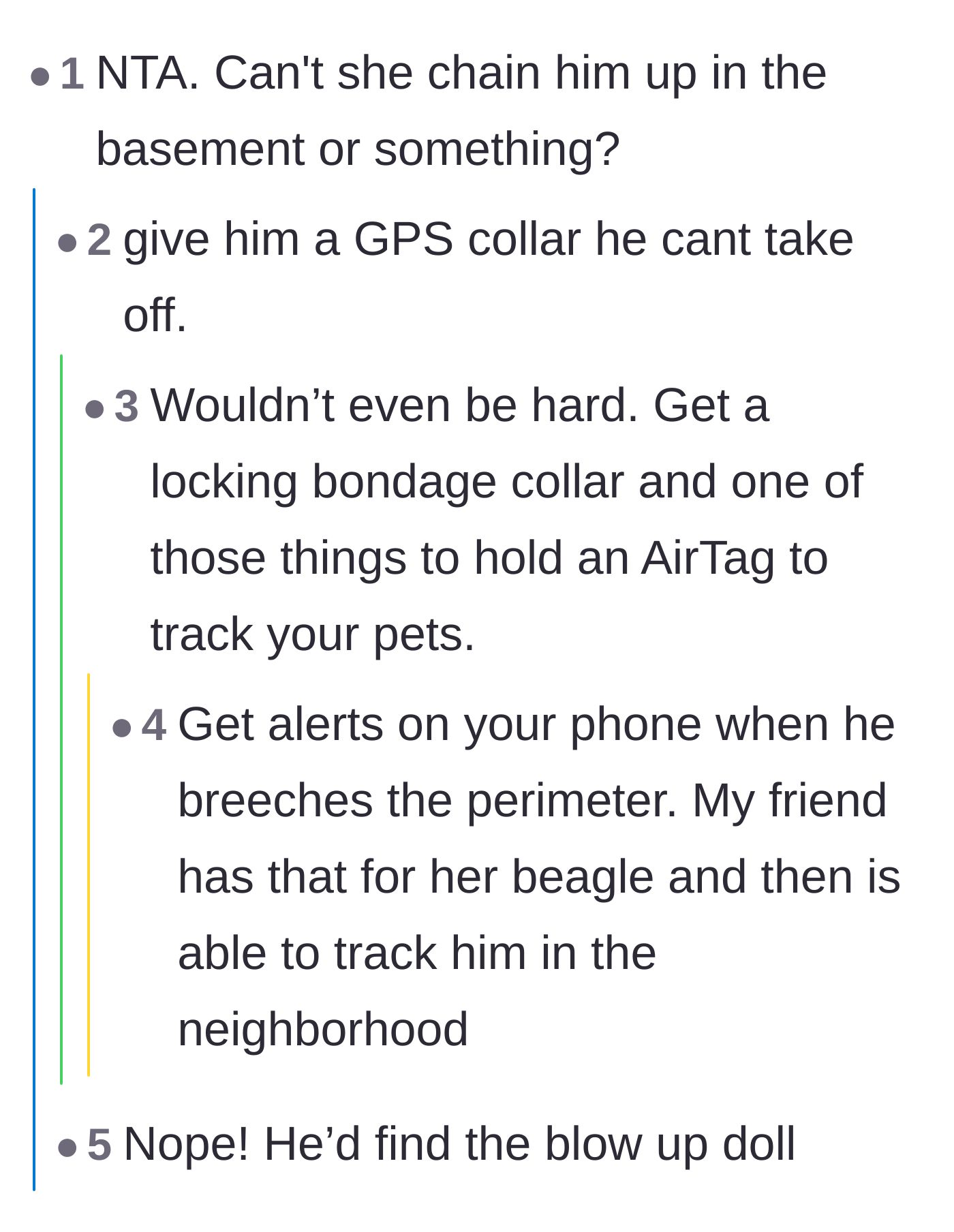 Comment thread 4 - Sarcastic jokes suggesting the wife put a locking GPS dog collar or an AirTag on her husband instead of ruining movie plans.