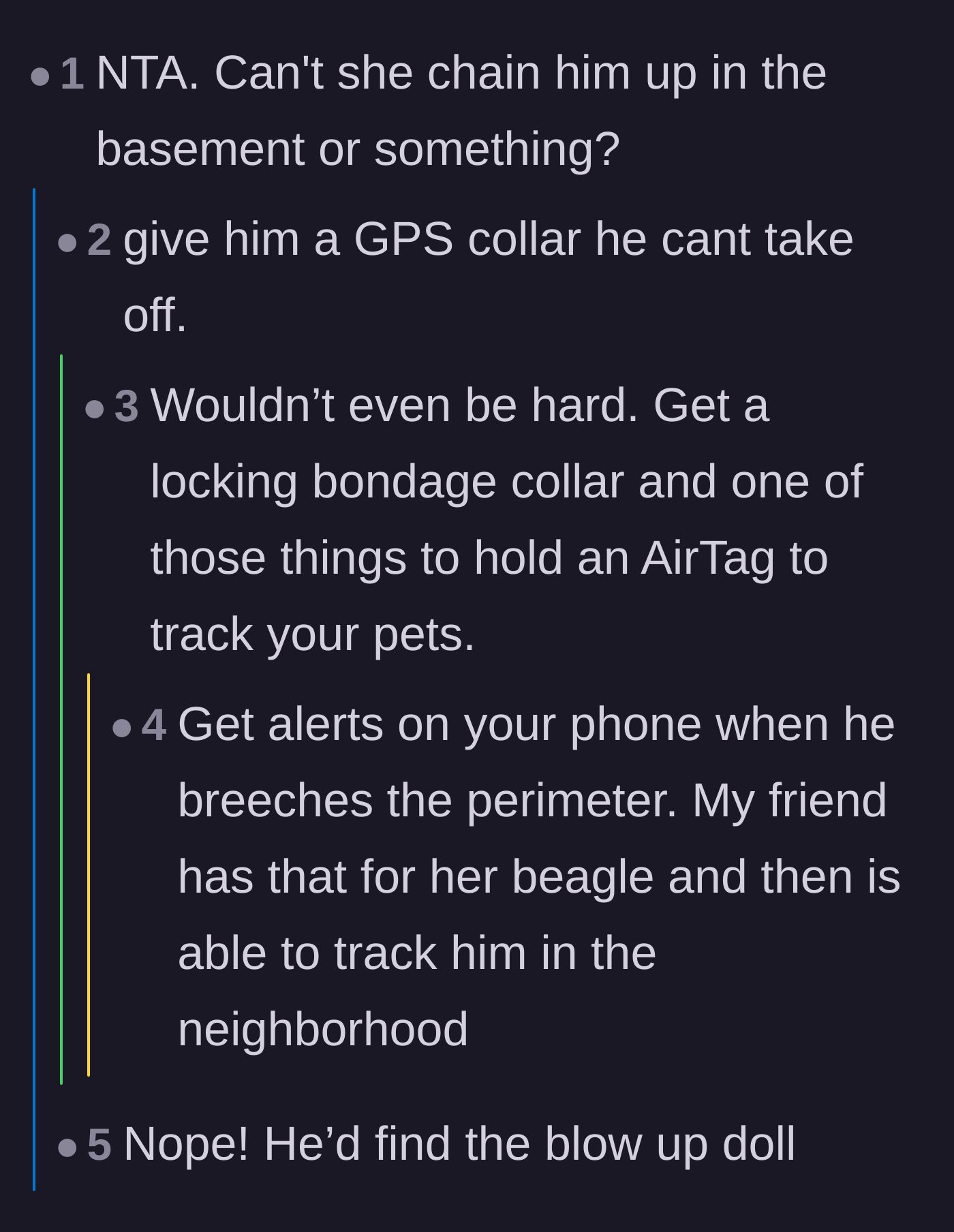 Comment thread 4 - Sarcastic jokes suggesting the wife put a locking GPS dog collar or an AirTag on her husband instead of ruining movie plans.