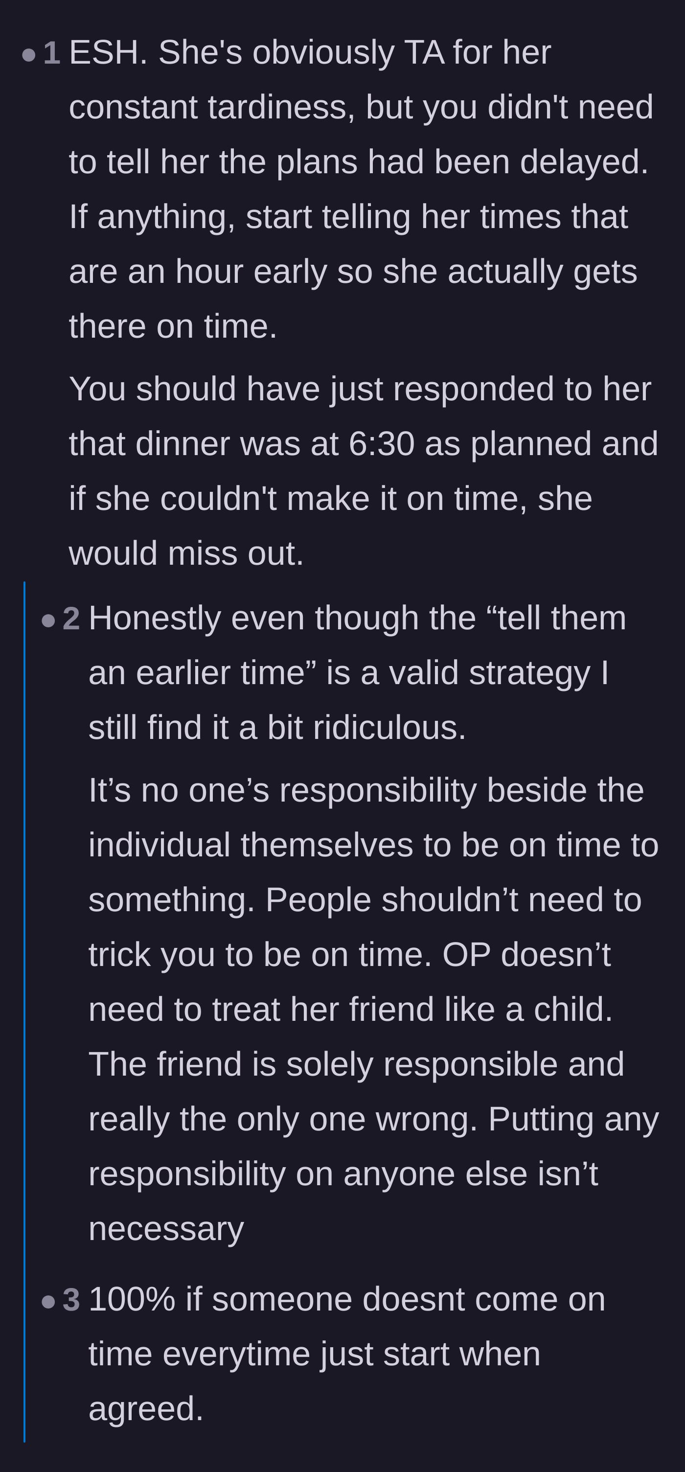 Comment thread 5 - Discussion about why the 'fake earlier time' trick never works long-term and sharing stories of extreme time blindness.