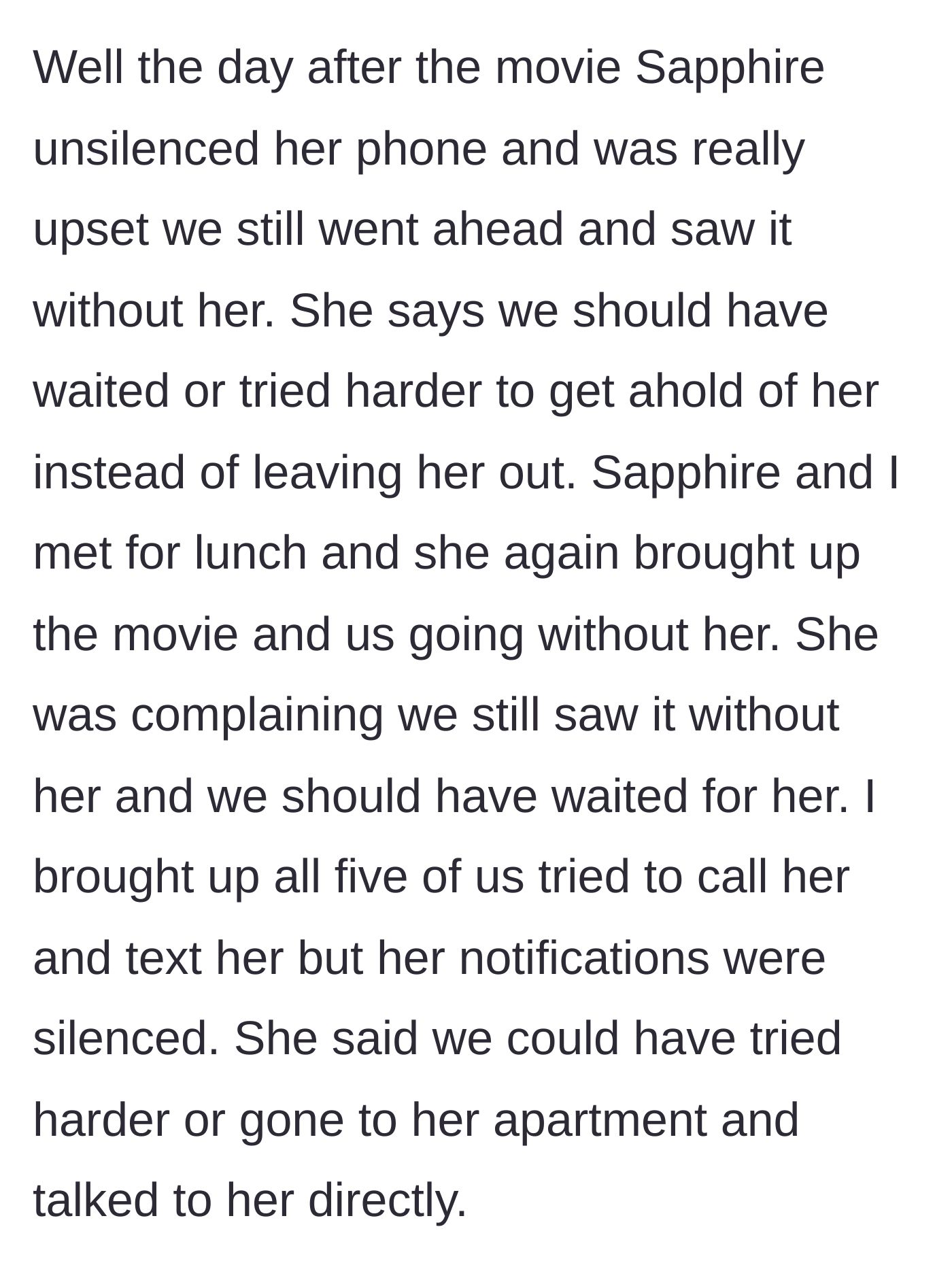 Story part 4 - Sapphire complains they didn't wait for her and suggests they should have gone to her apartment.
