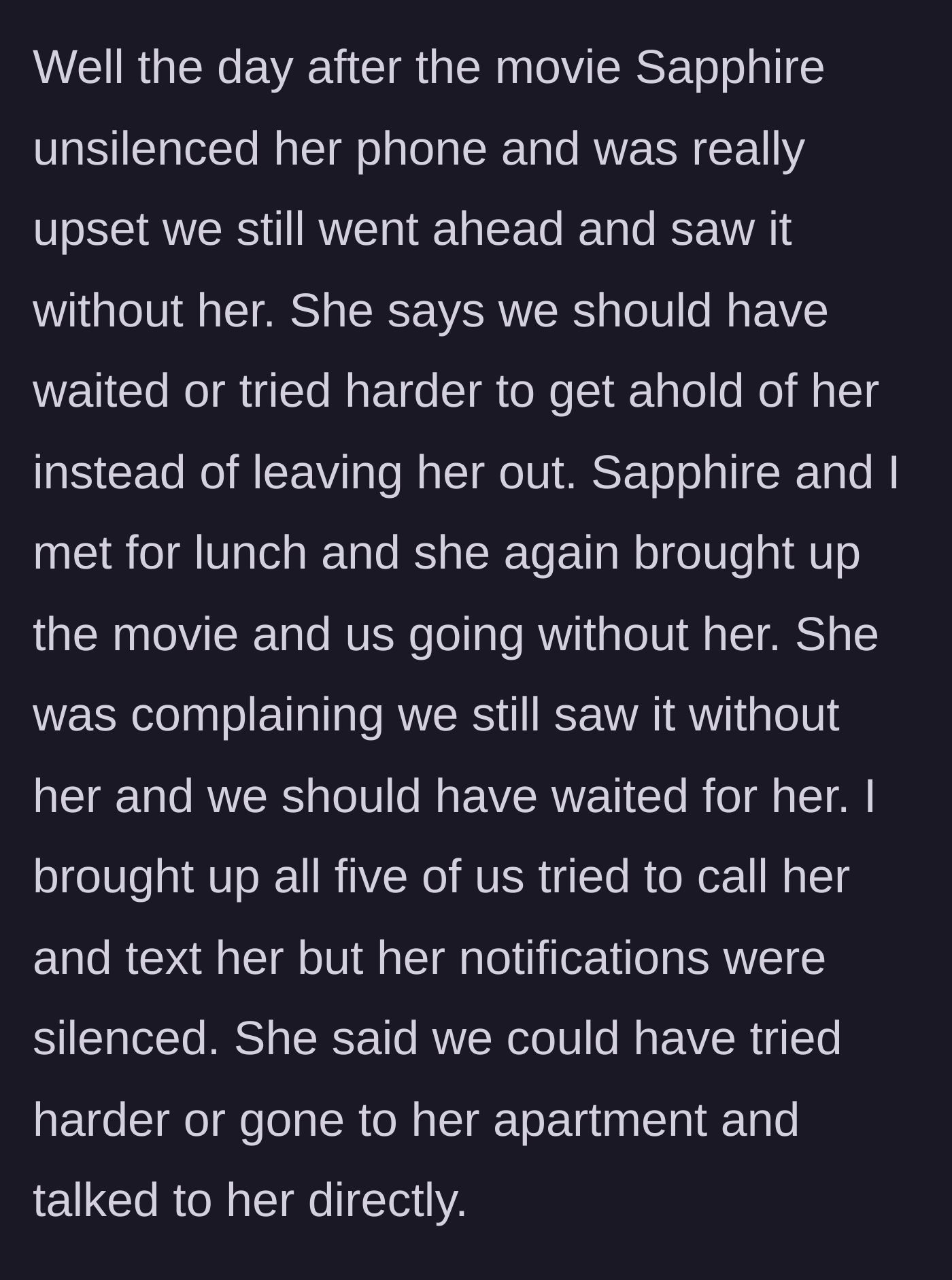 Story part 4 - Sapphire complains they didn't wait for her and suggests they should have gone to her apartment.