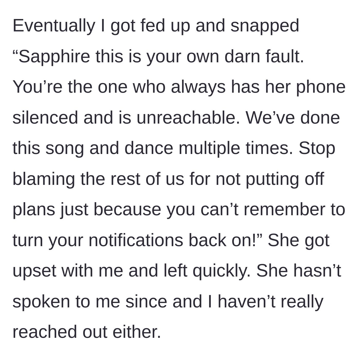 Story part 5 - The fed-up friend snaps, calls out Sapphire's behavior, and Sapphire leaves upset.