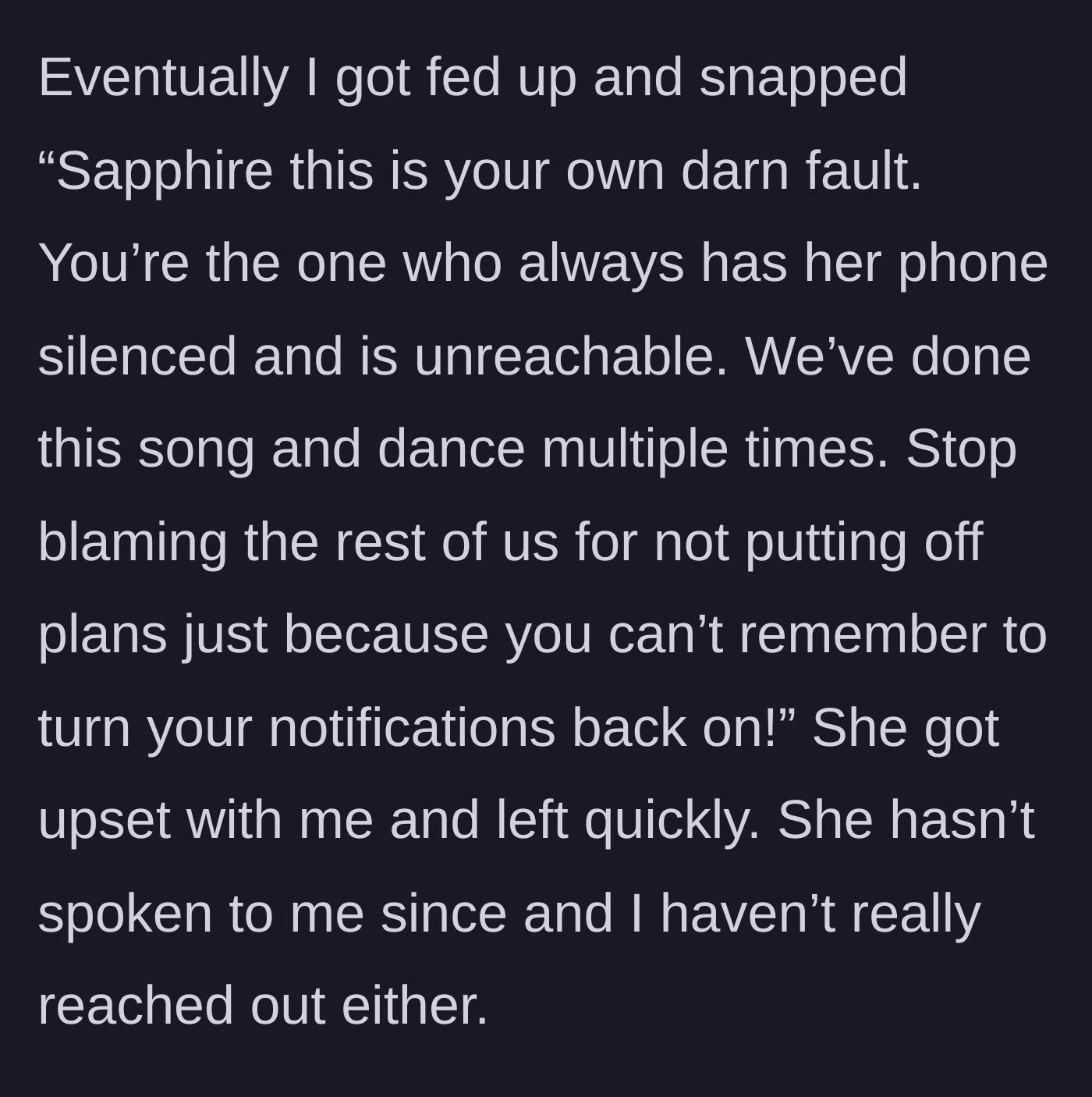 Story part 5 - The fed-up friend snaps, calls out Sapphire's behavior, and Sapphire leaves upset.