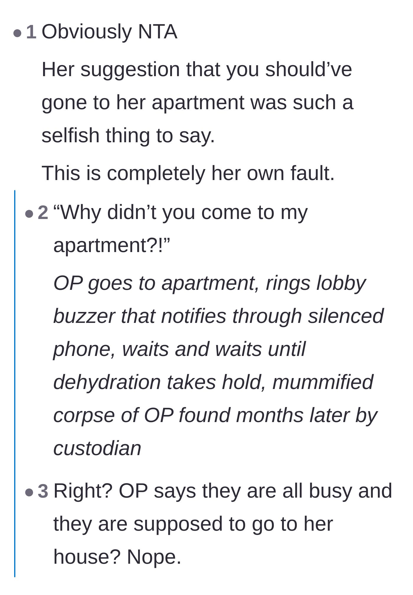 Comment thread 1 - Mocking Sapphire's demand that her friends should have visited her apartment to invite her.