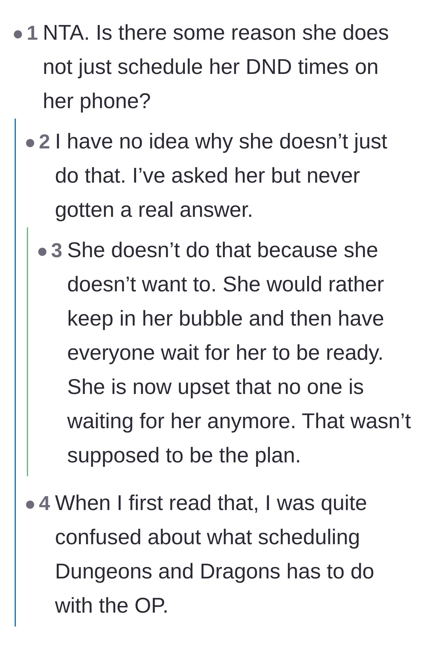 Comment thread 2 - Analyzing Sapphire's refusal to automate Do Not Disturb as a toxic friendship test.