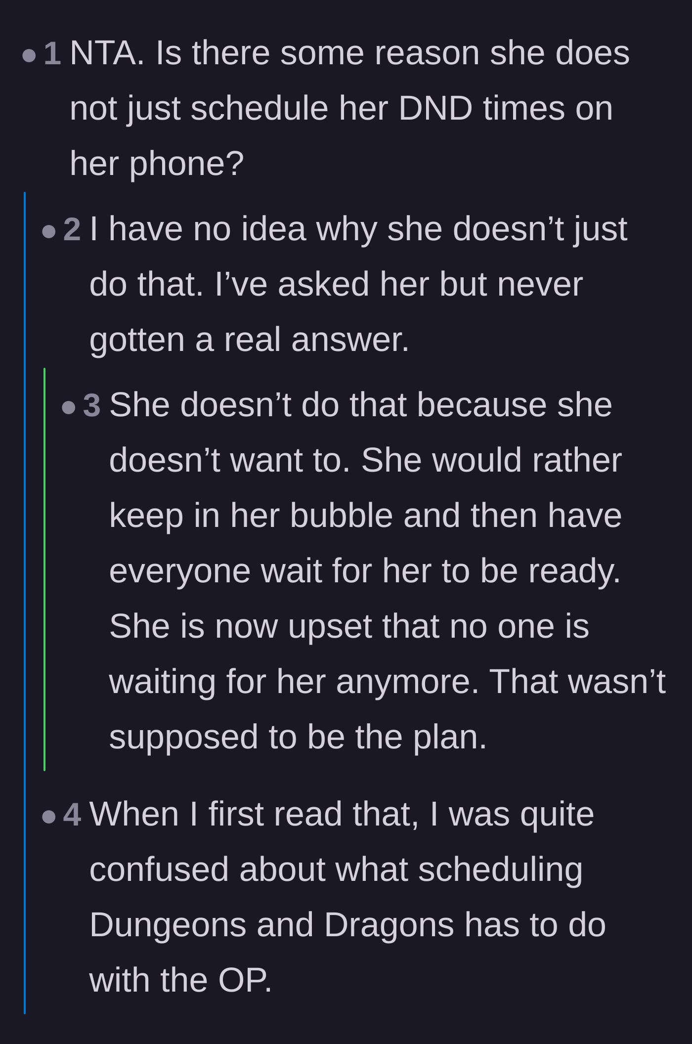 Comment thread 2 - Analyzing Sapphire's refusal to automate Do Not Disturb as a toxic friendship test.