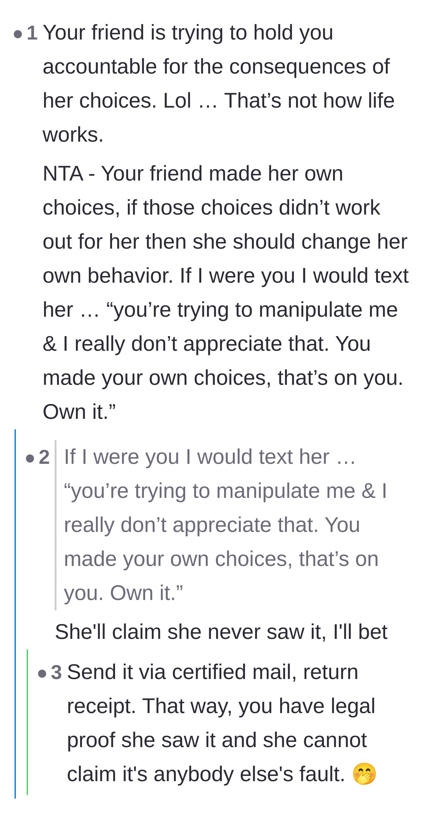 Comment thread 3 - Advice on setting boundaries and a joke about sending a text via certified mail.