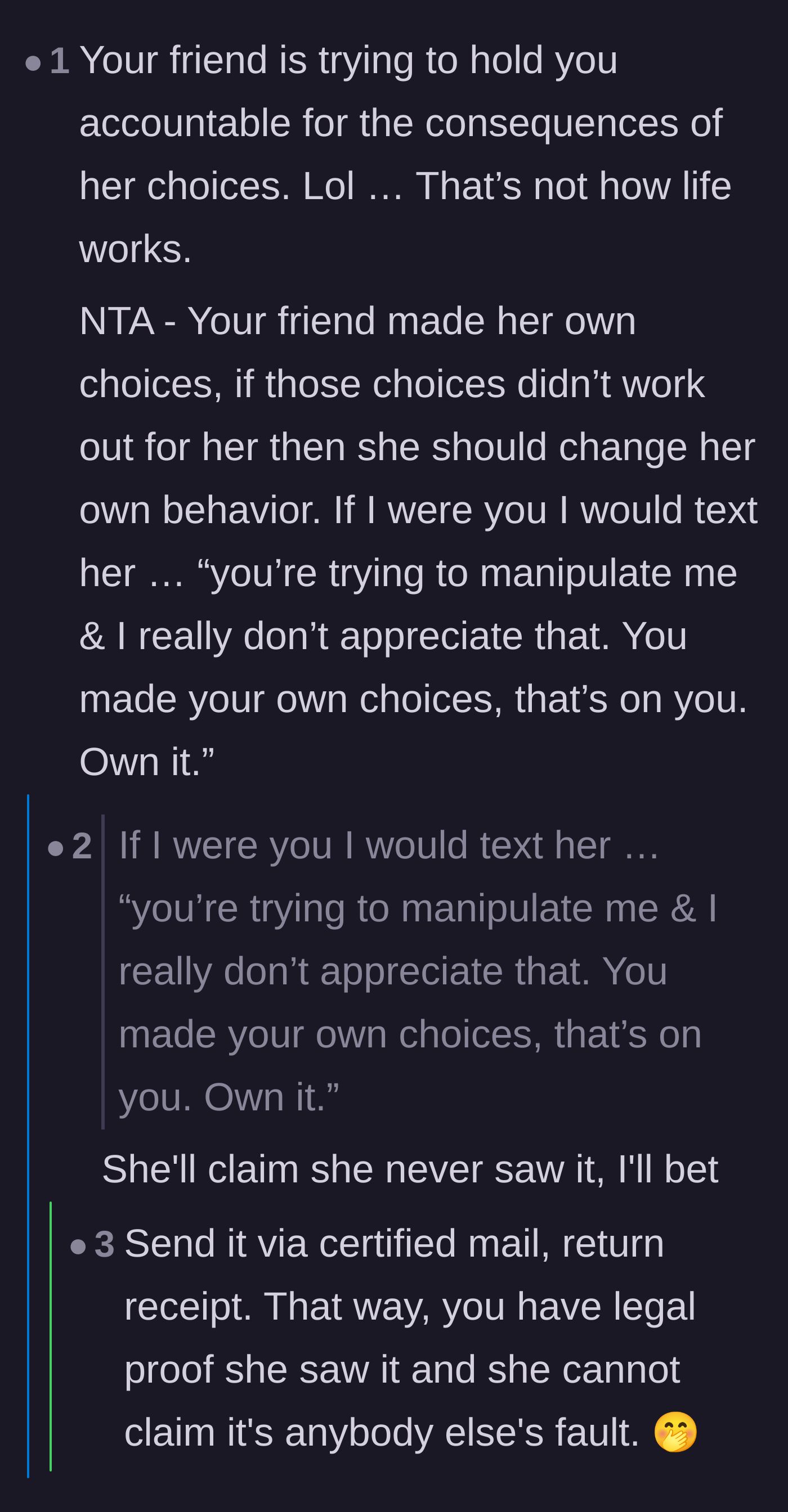 Comment thread 3 - Advice on setting boundaries and a joke about sending a text via certified mail.