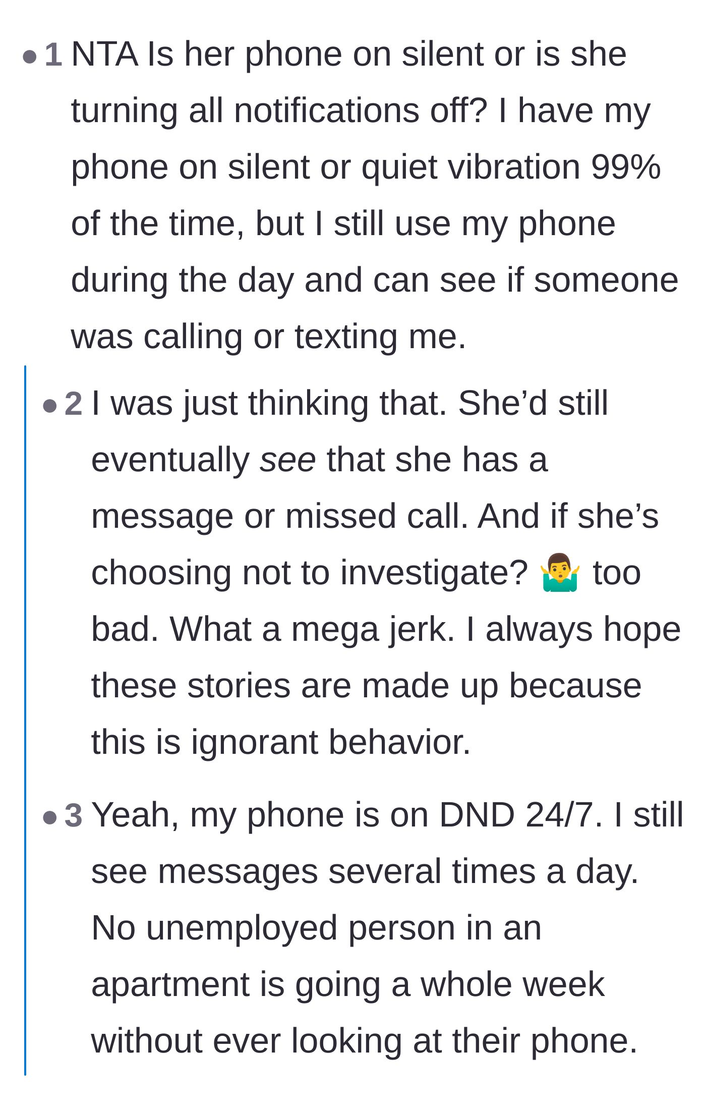 Comment thread 6 - Discussing how Do Not Disturb works and how she actively chose to ignore the notifications waiting for her.