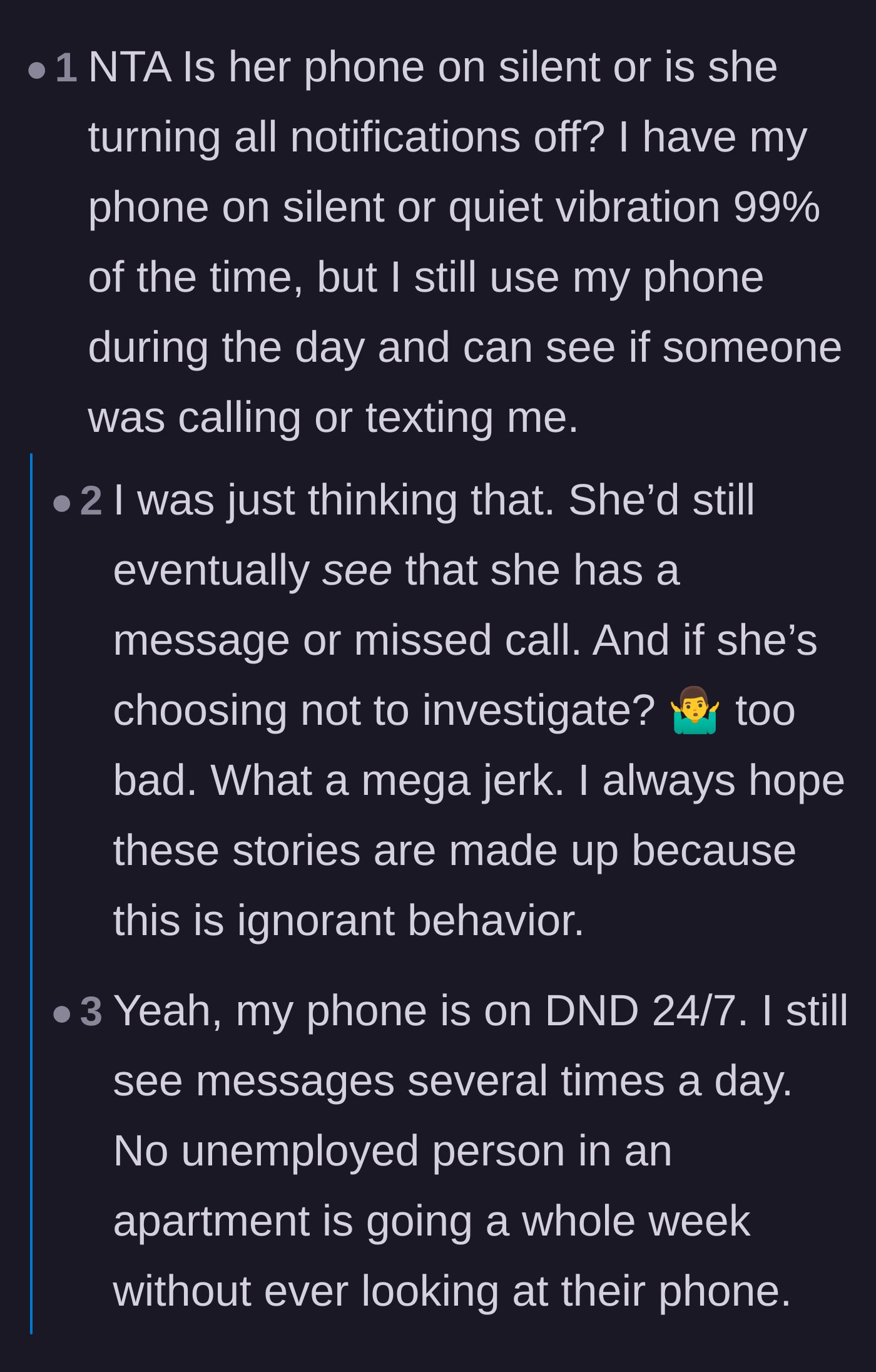 Comment thread 6 - Discussing how Do Not Disturb works and how she actively chose to ignore the notifications waiting for her.
