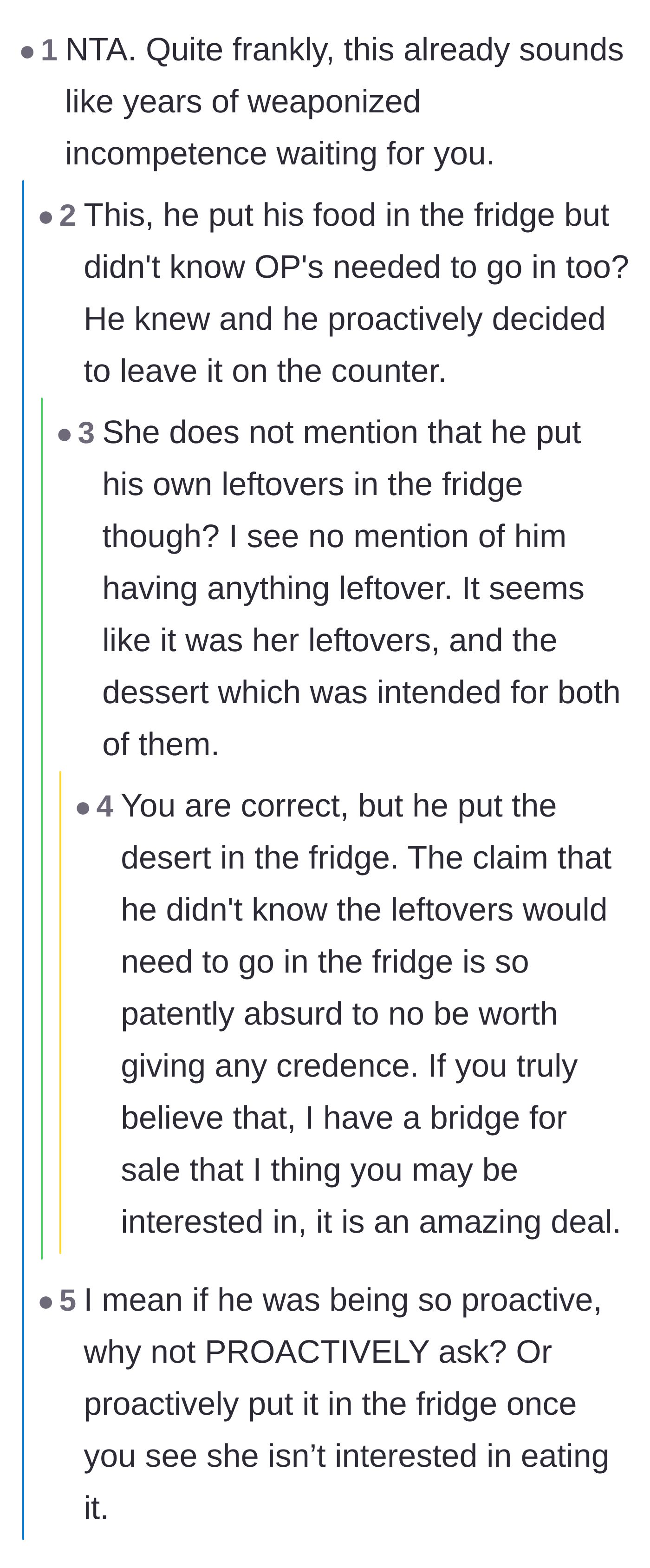 Comment thread 1 - Discussing weaponized incompetence and the logic of refrigerating only the dessert