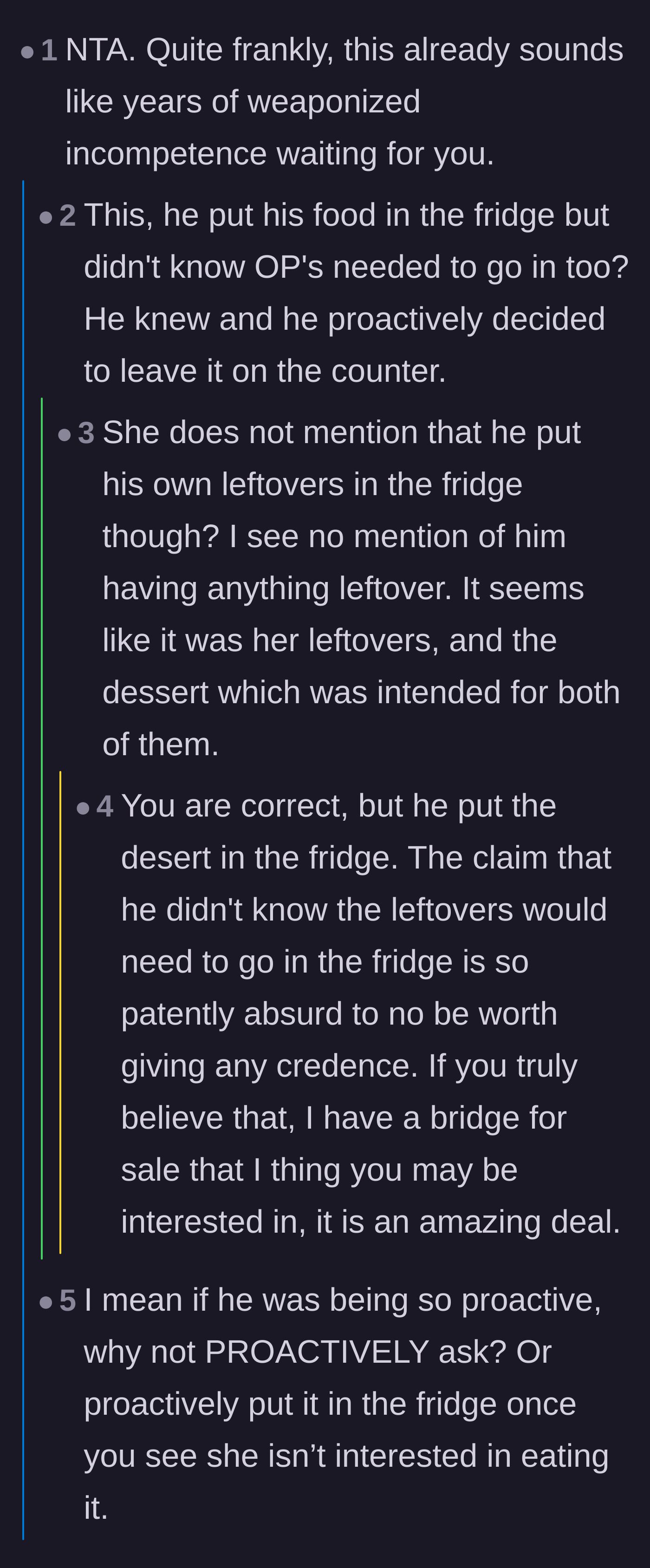 Comment thread 1 - Discussing weaponized incompetence and the logic of refrigerating only the dessert