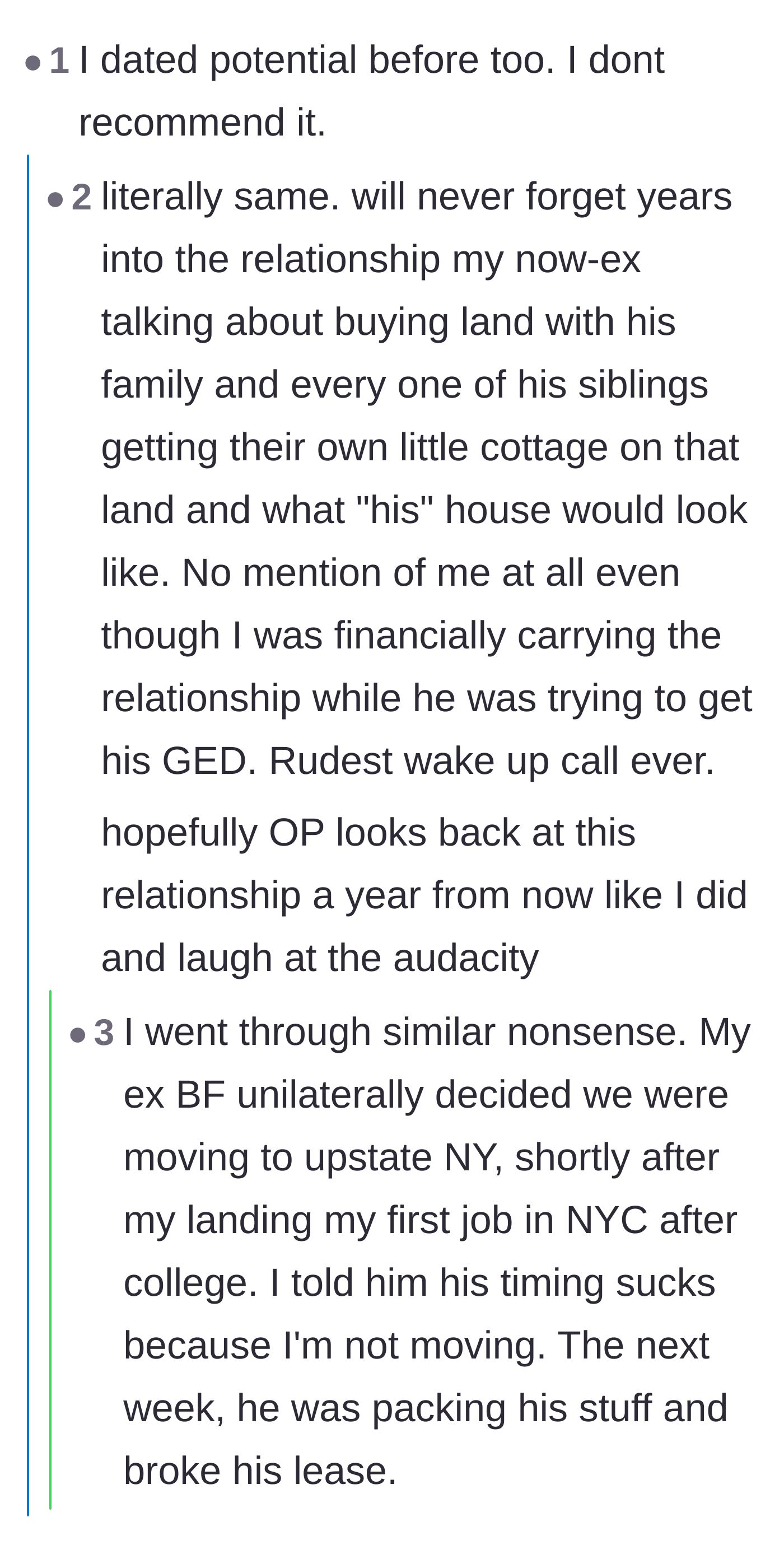 Comment thread 5 - Readers sharing relatable stories about dating for potential and being entirely left out of their partner's future plans.