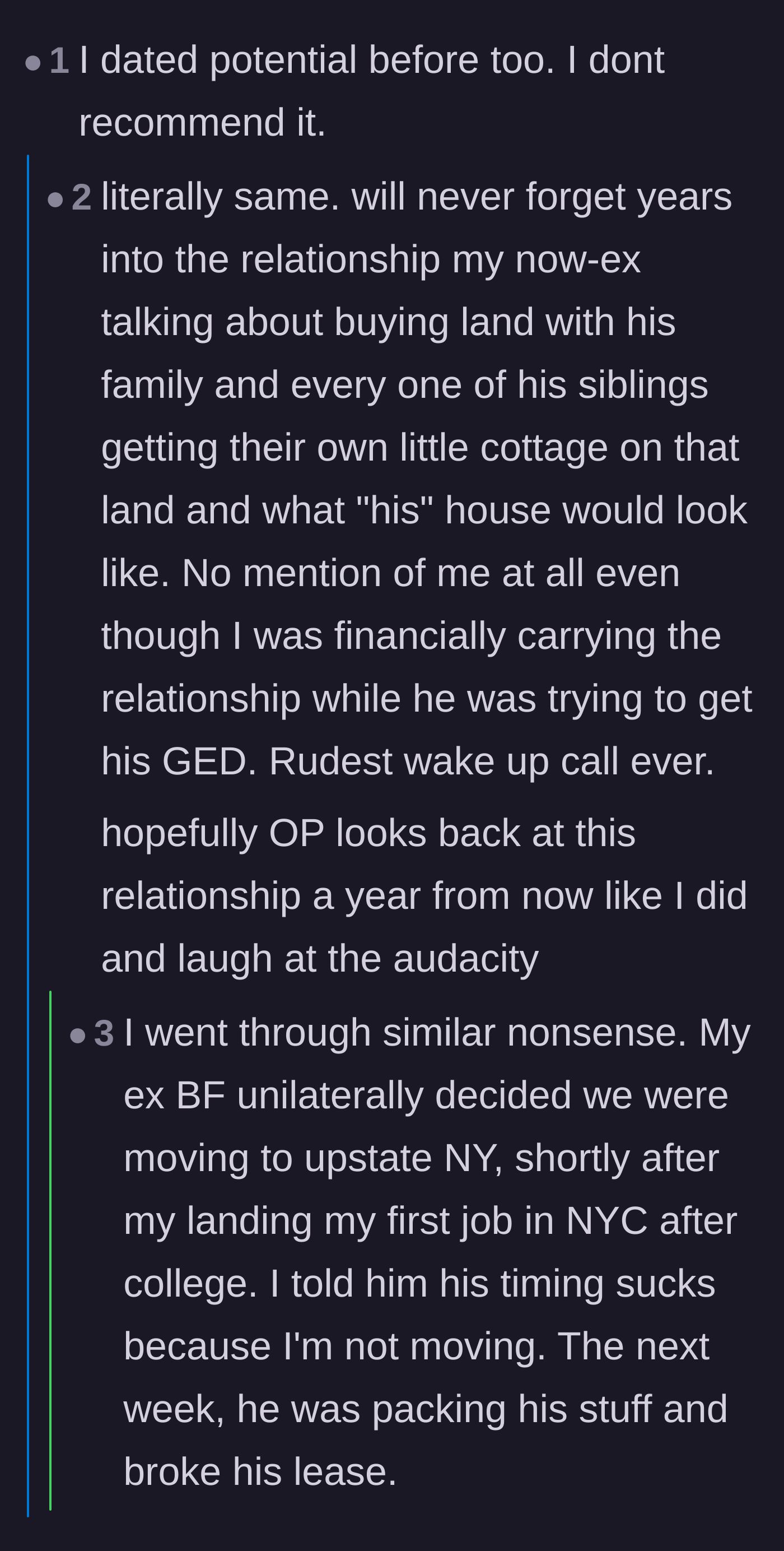 Comment thread 5 - Readers sharing relatable stories about dating for potential and being entirely left out of their partner's future plans.