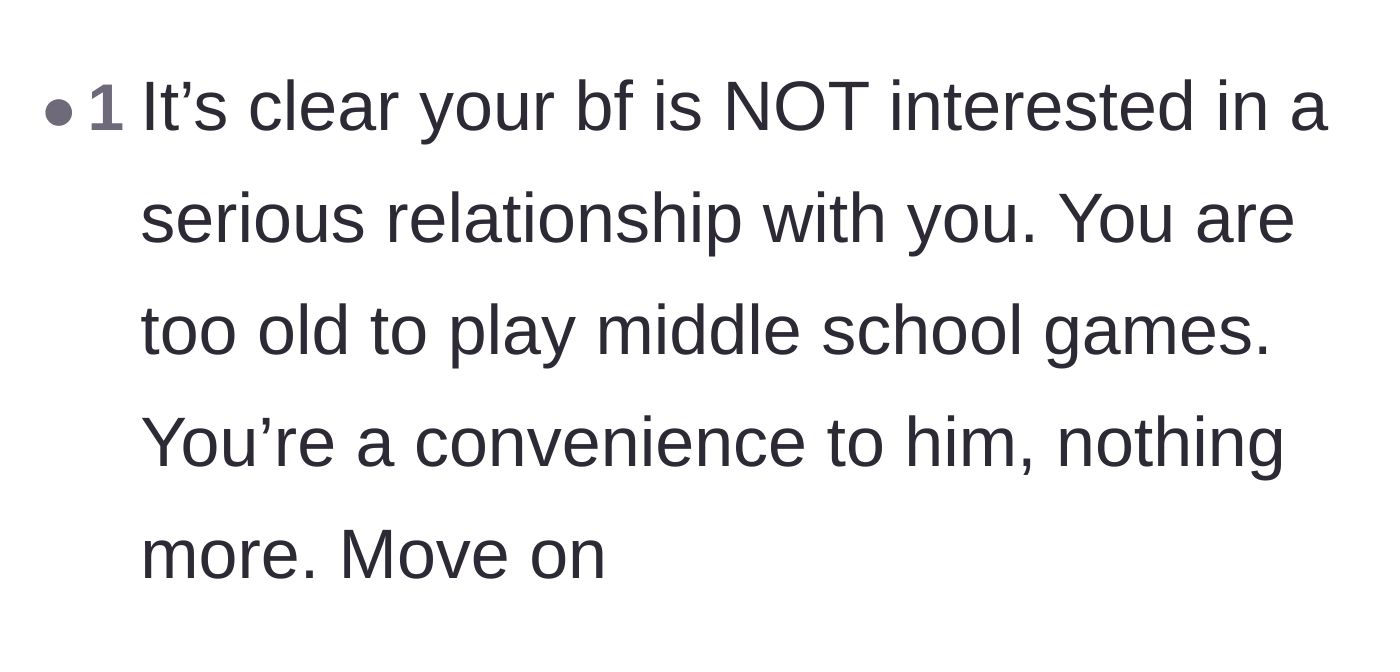 Comment thread 6 - Pointing out that she is merely a convenience to him and urging her to move on from the childish games.