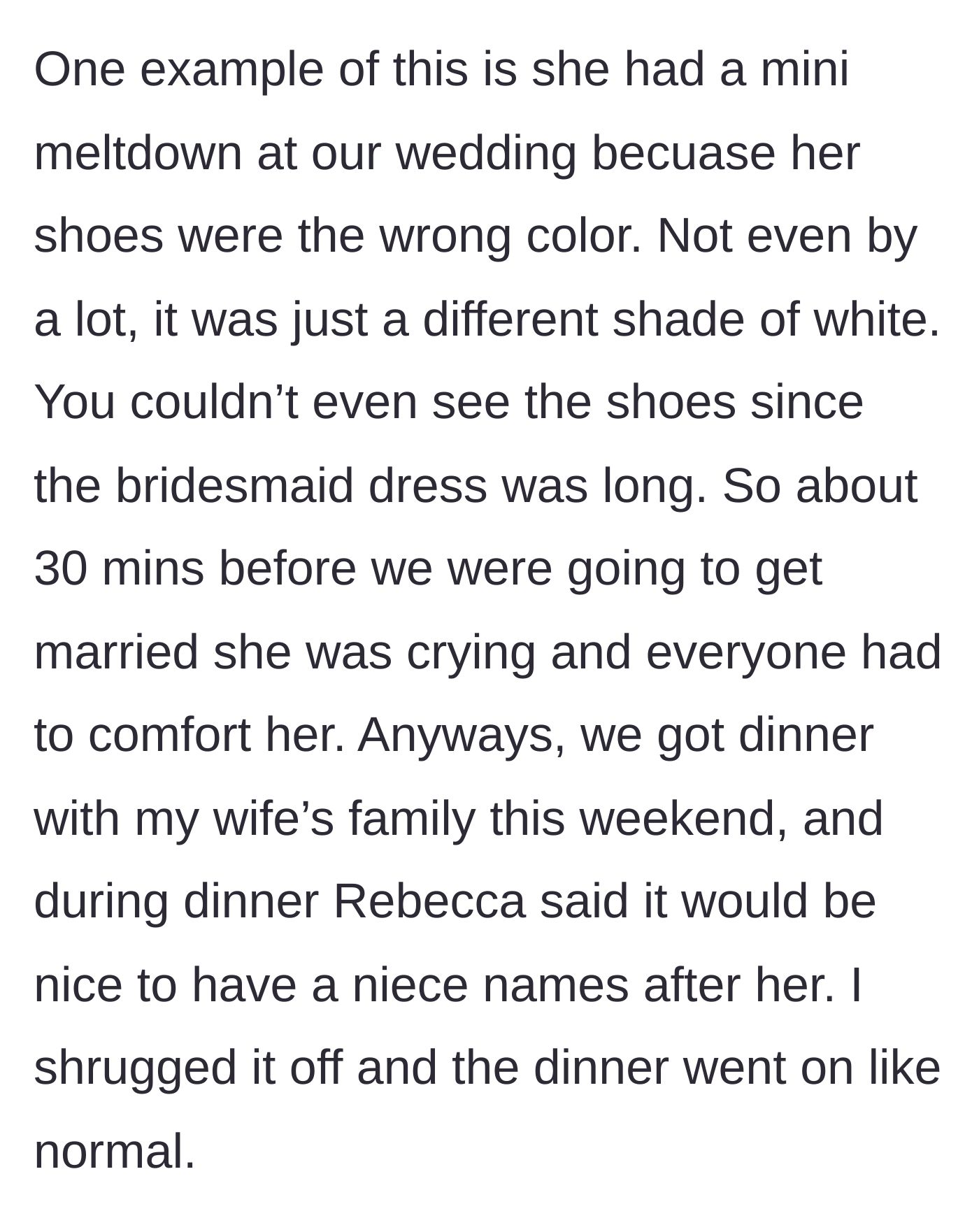 Story part 2 - The sister-in-law's wedding day tantrum over shoe shades and her dinner table demand to have the baby named after her.