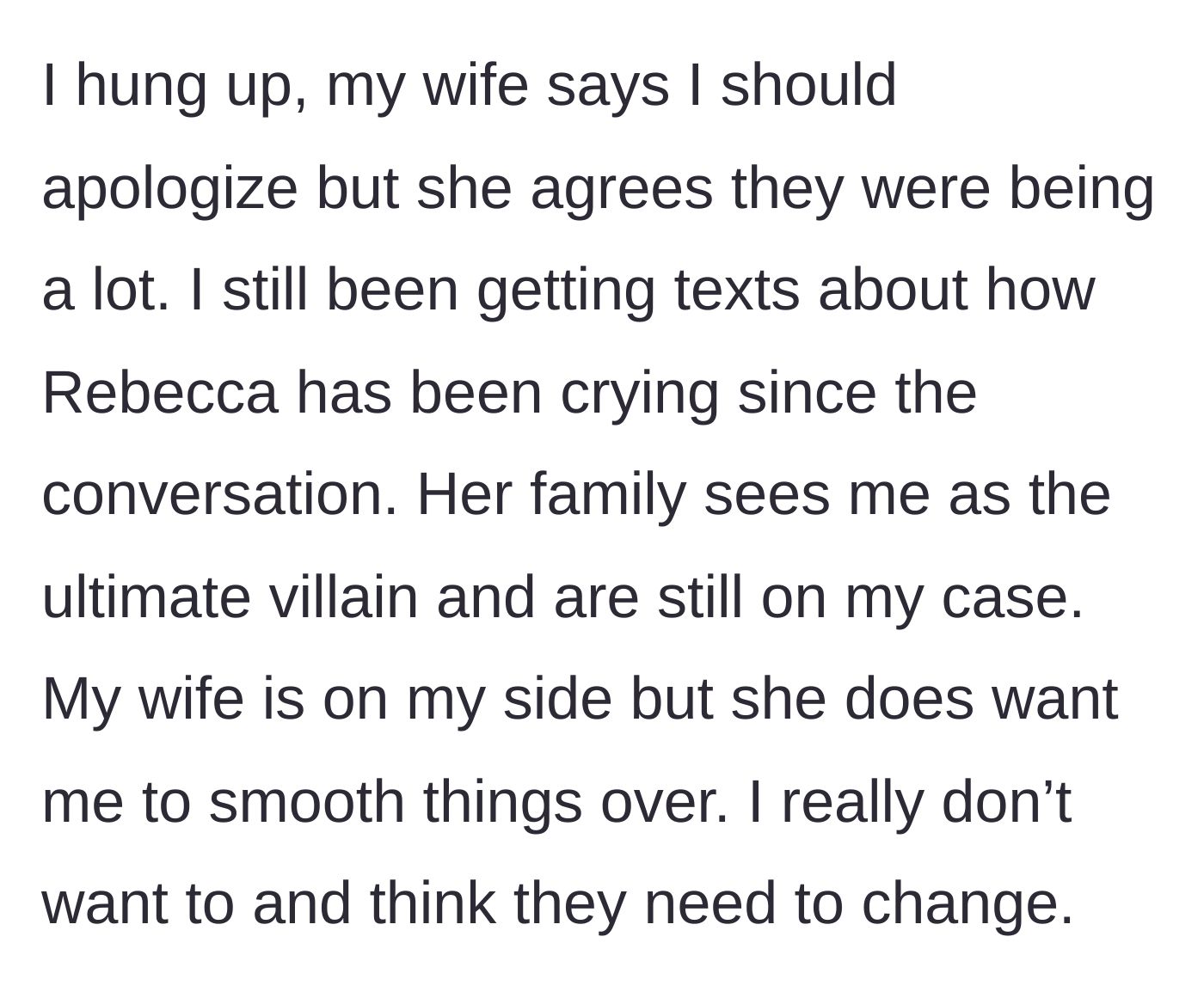 Story part 5 - The aftermath where the sister-in-law cries, the family demands apologies, and the husband refuses to back down.