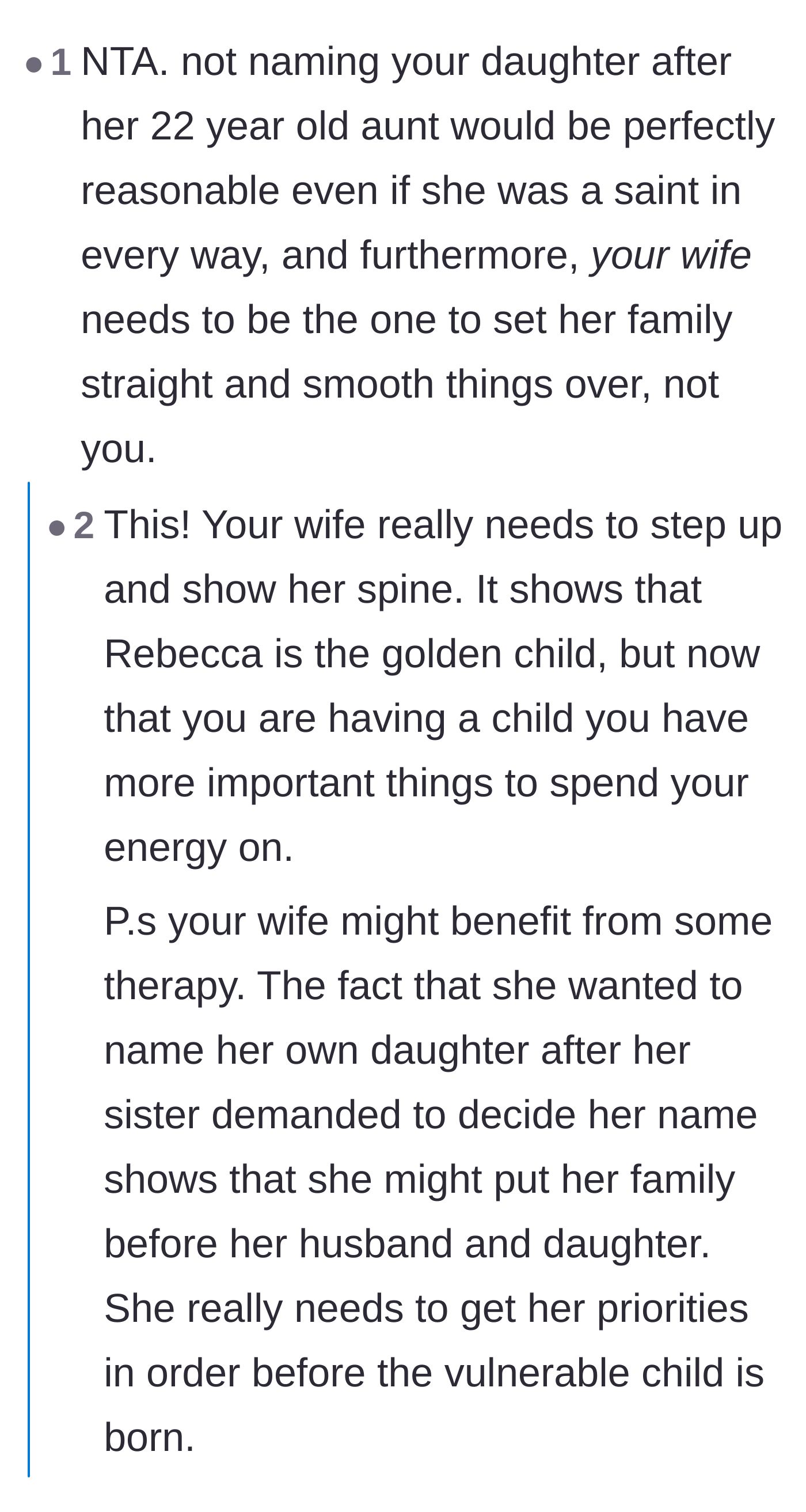 Comment thread 1 - Advice on the wife needing to step up, set boundaries, and protect the birth certificate from her overbearing family.