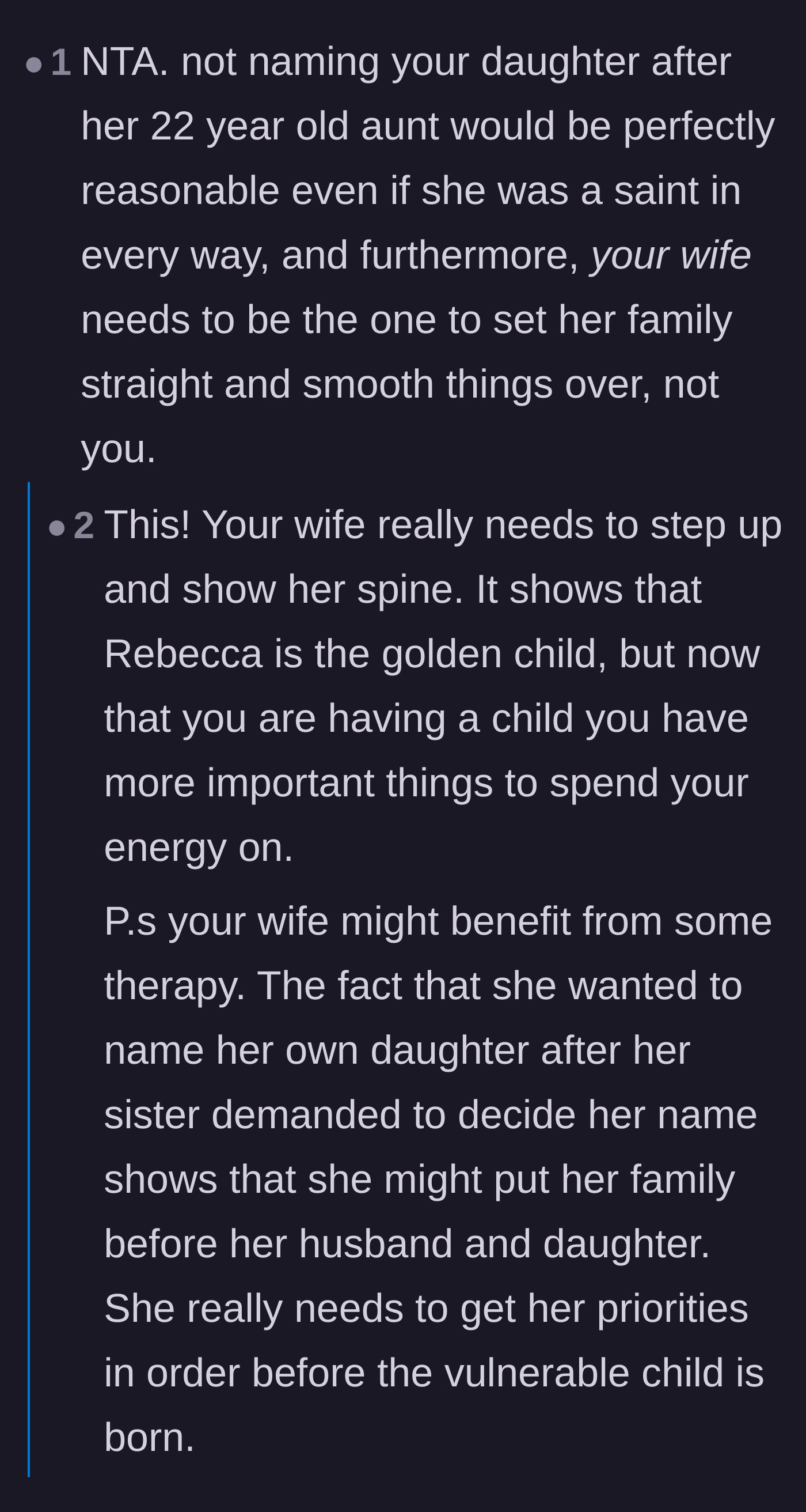 Comment thread 1 - Advice on the wife needing to step up, set boundaries, and protect the birth certificate from her overbearing family.