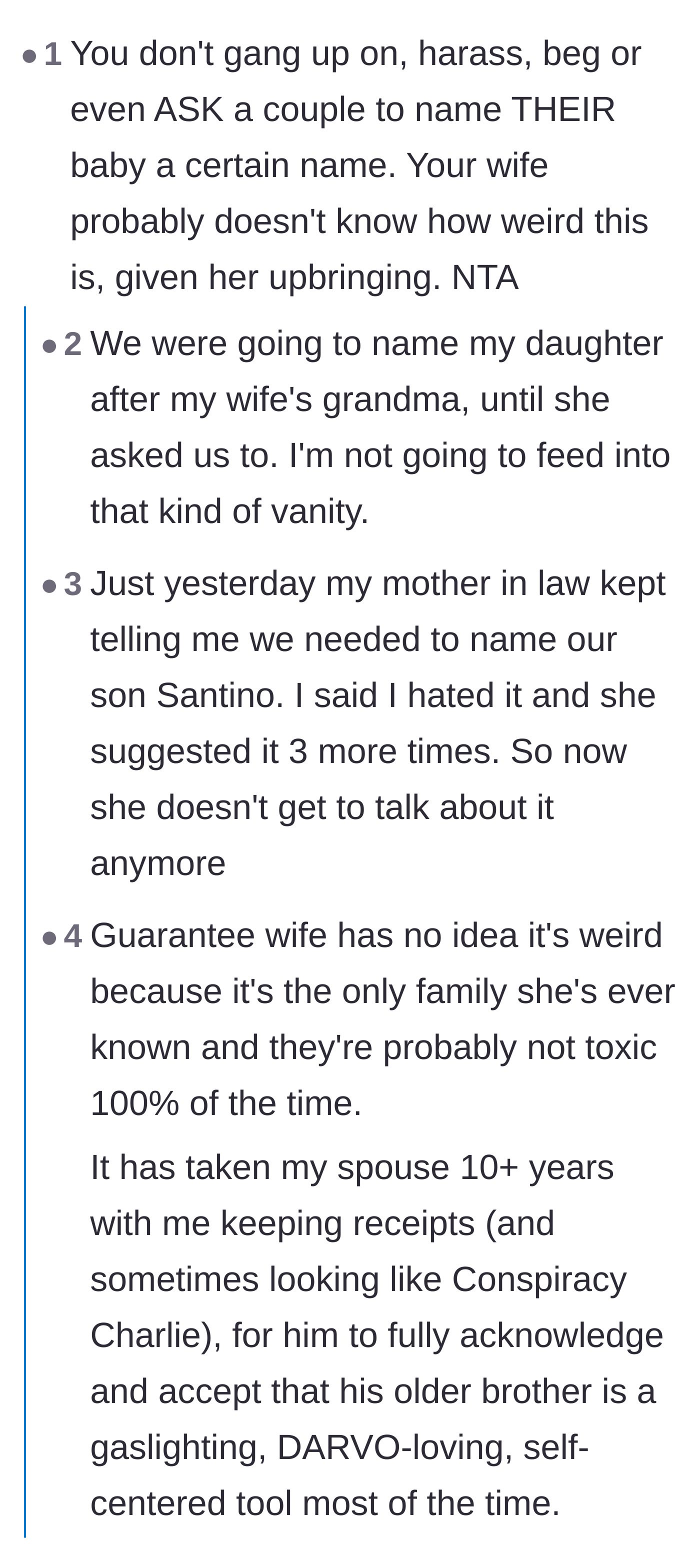 Comment thread 2 - Discussion on how bizarre it is to demand a baby name and why the wife might be blind to the dysfunction.
