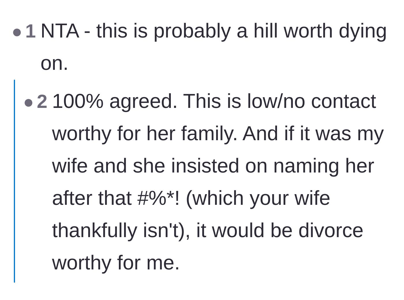 Comment thread 5 - Strong agreement that protecting the child's name is a serious boundary worth cutting contact over.