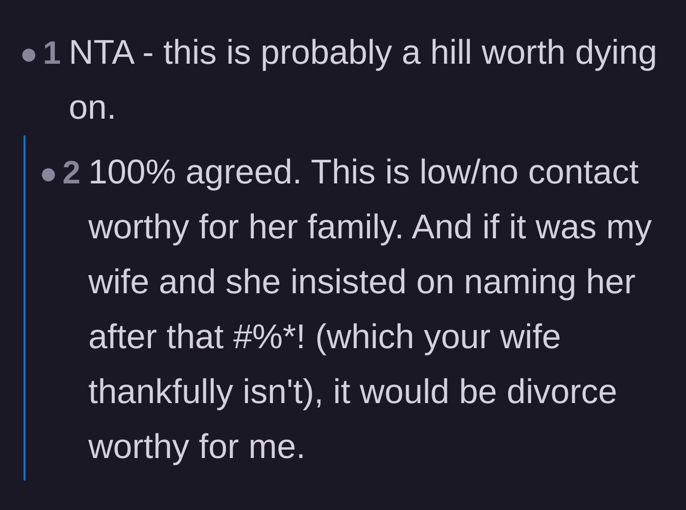 Comment thread 5 - Strong agreement that protecting the child's name is a serious boundary worth cutting contact over.
