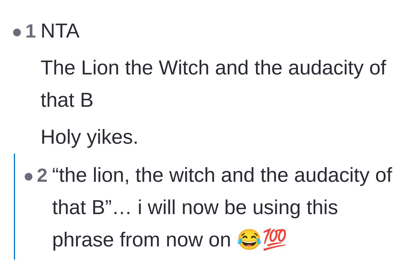 Comment thread 6 - A hilarious literary pun calling out the sister's unbelievable audacity.