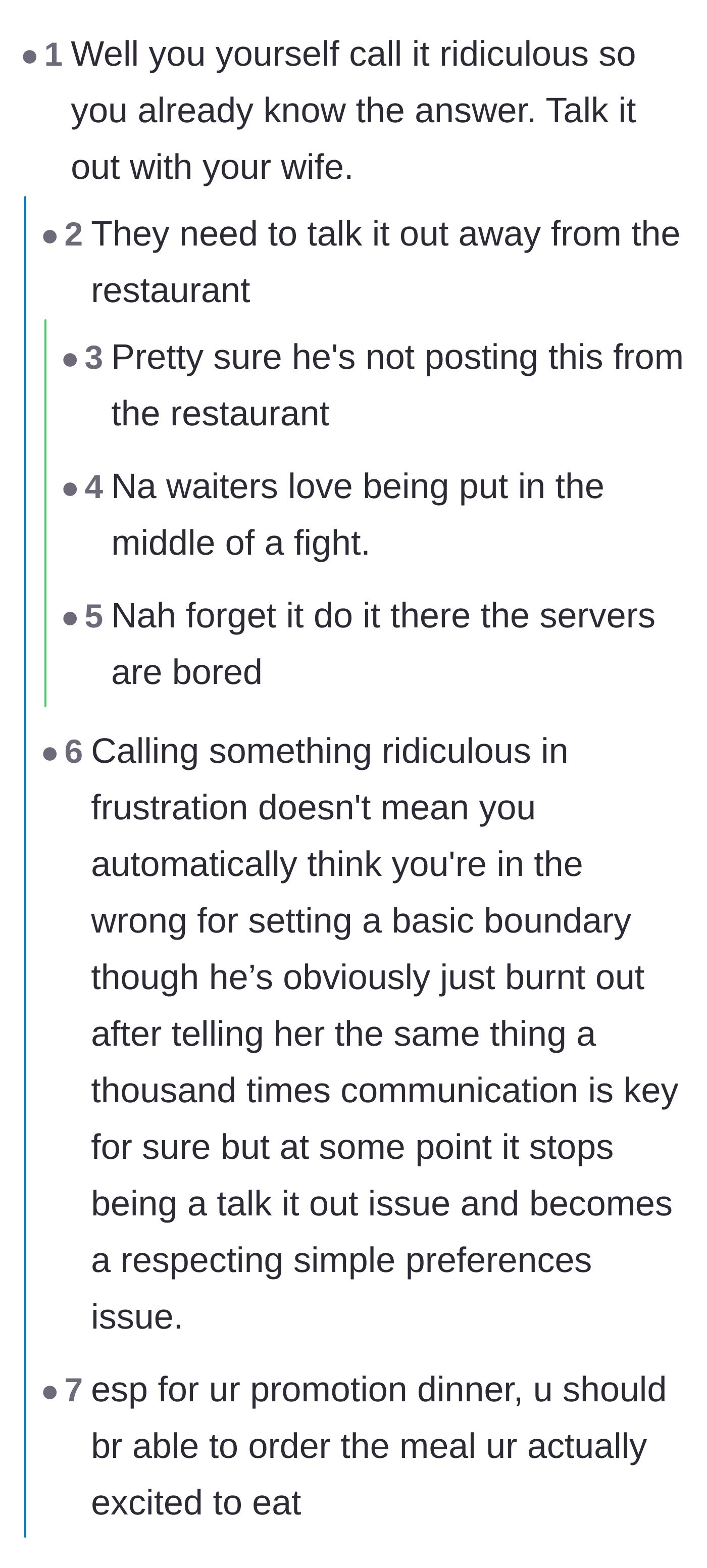 Comment thread 1 - A discussion pointing out the irony of seeking Reddit validation during a live marital dispute.