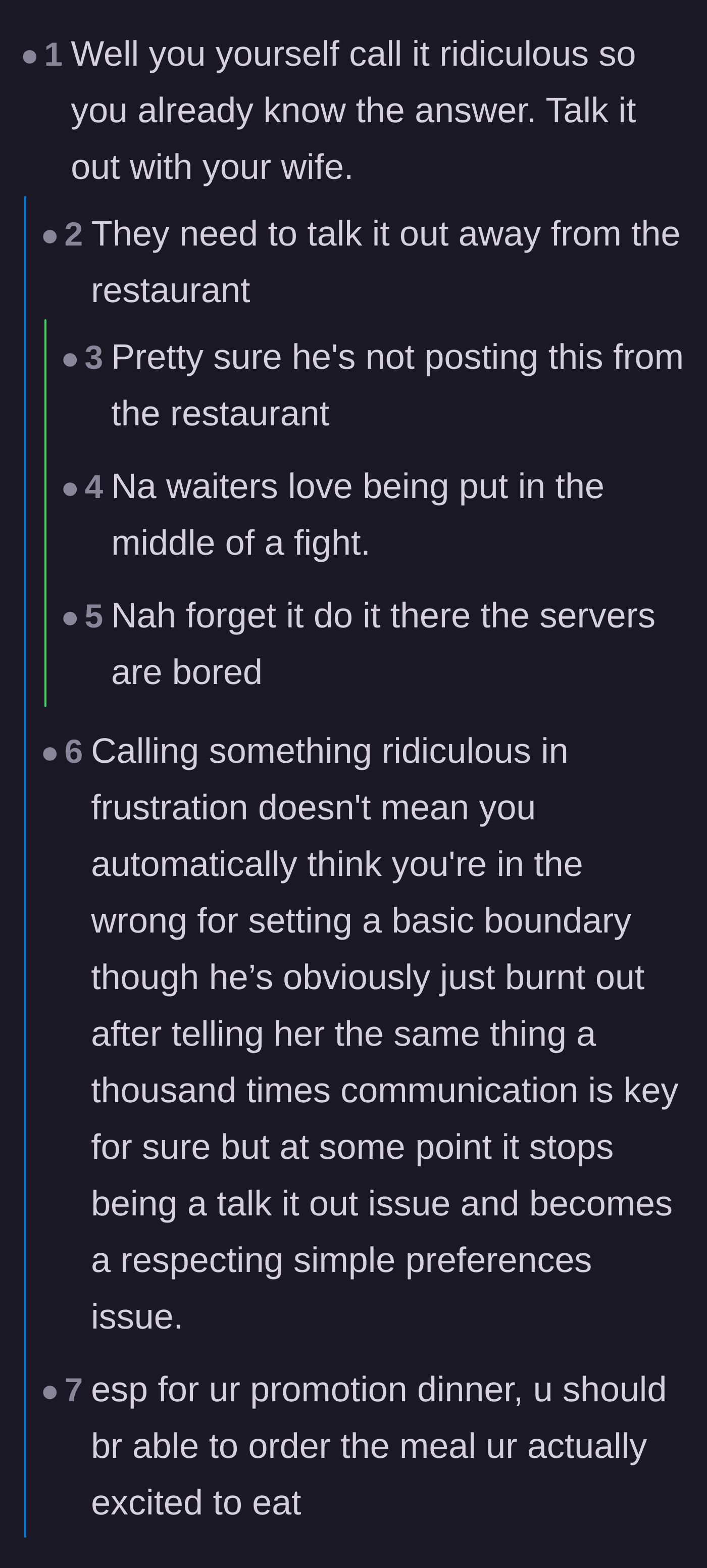 Comment thread 1 - A discussion pointing out the irony of seeking Reddit validation during a live marital dispute.