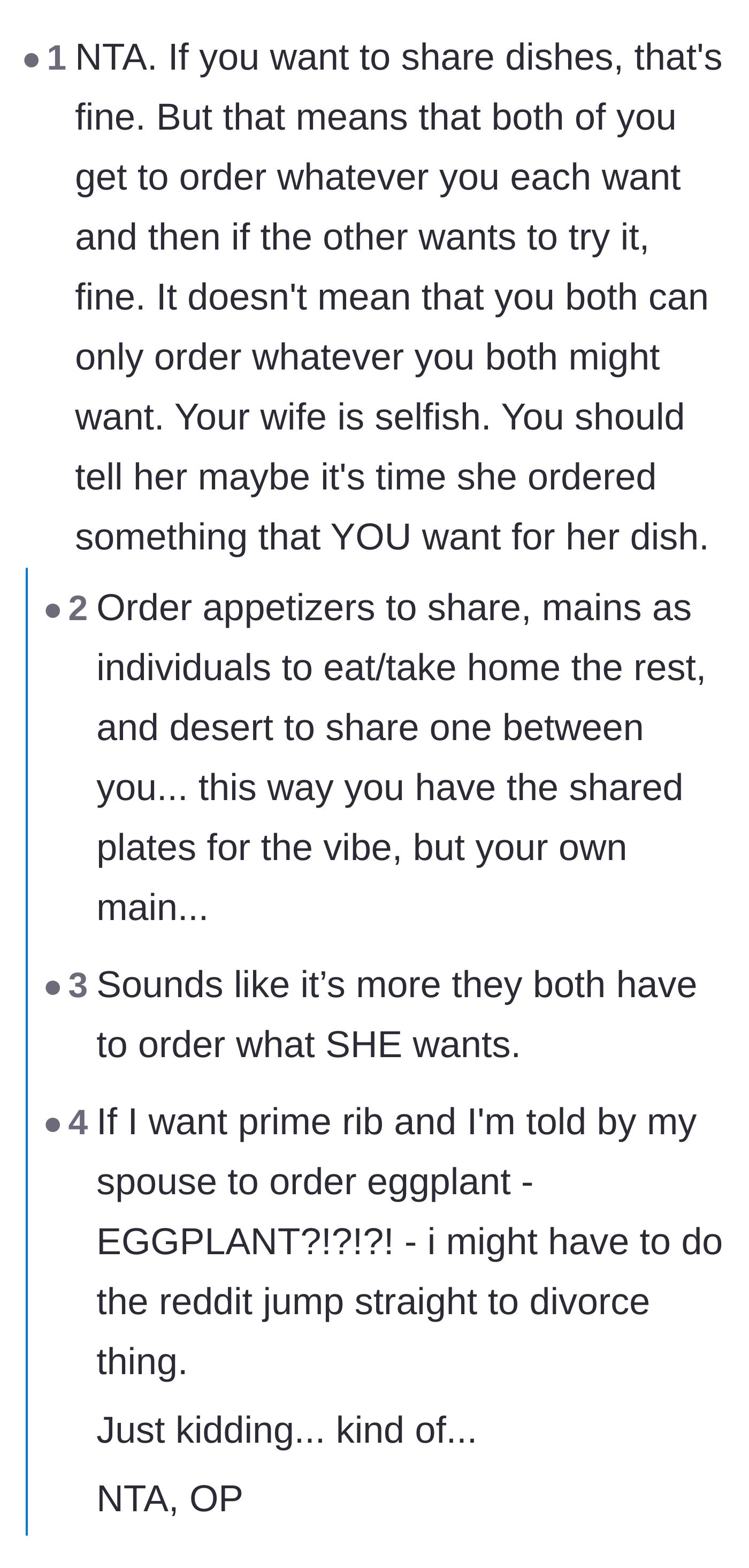 Comment thread 2 - A debate proposing a compromise where couples share appetizers but keep their main courses private.