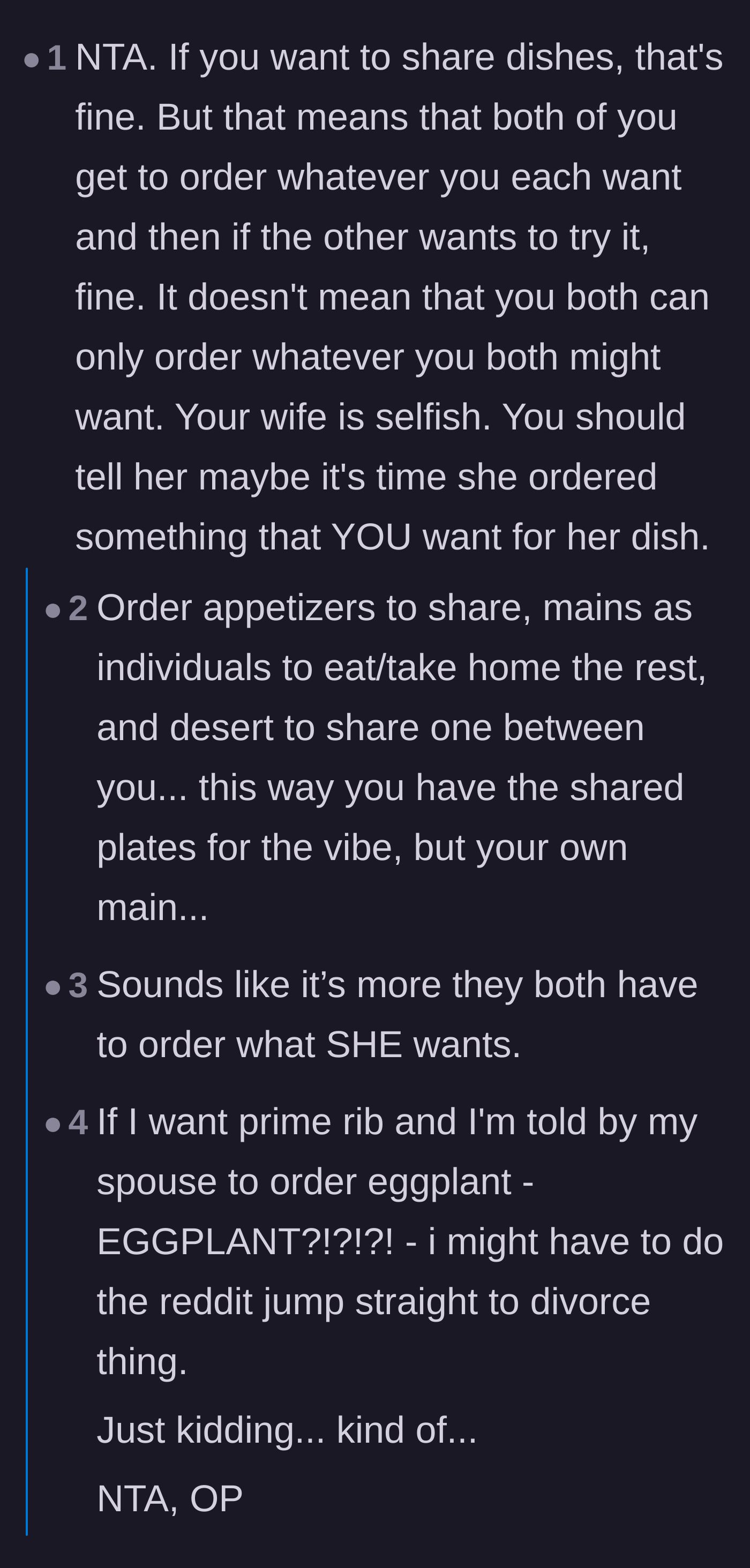 Comment thread 2 - A debate proposing a compromise where couples share appetizers but keep their main courses private.