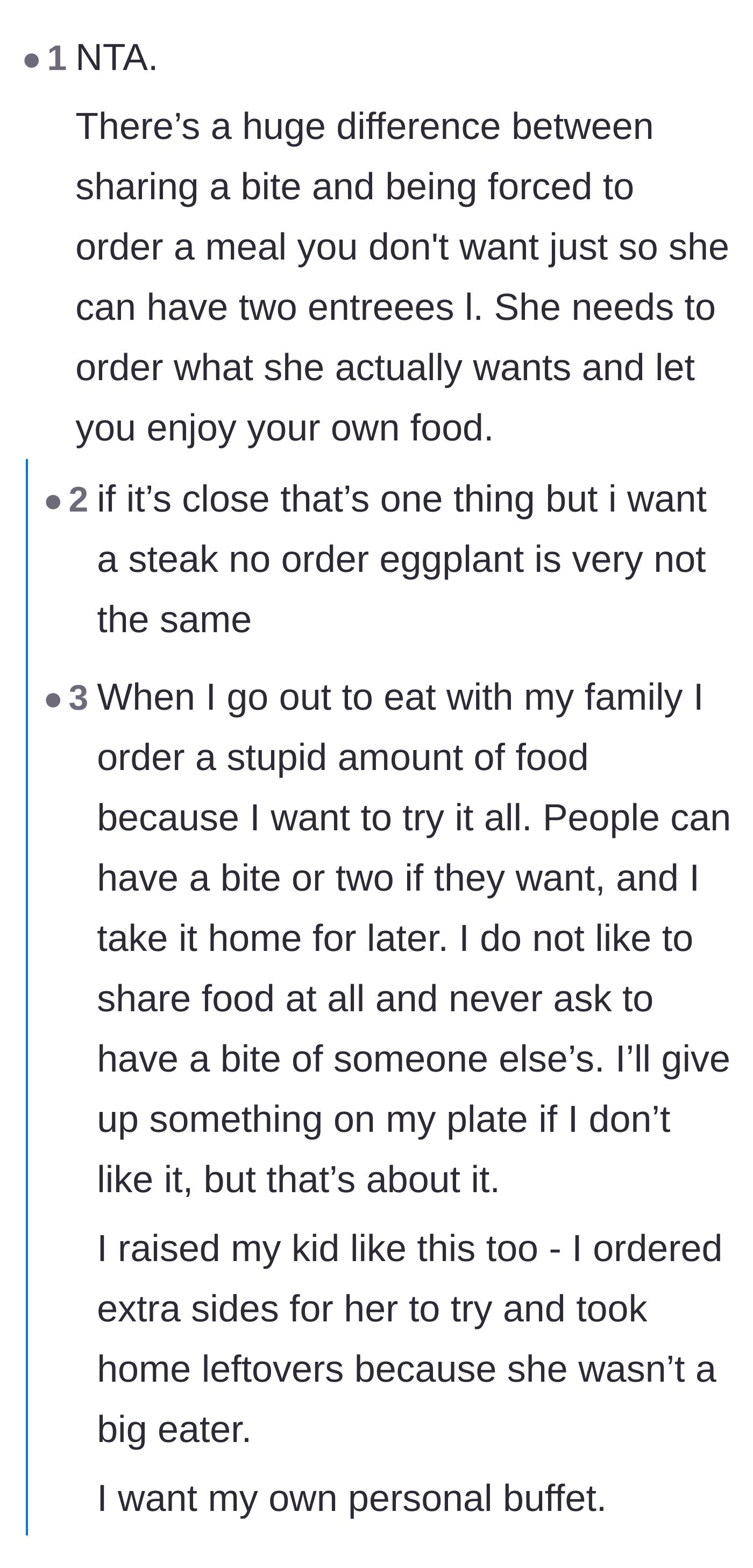 Comment thread 3 - Commentary on the distinct difference between politely sharing a bite and being forced to trade halves of a meal.