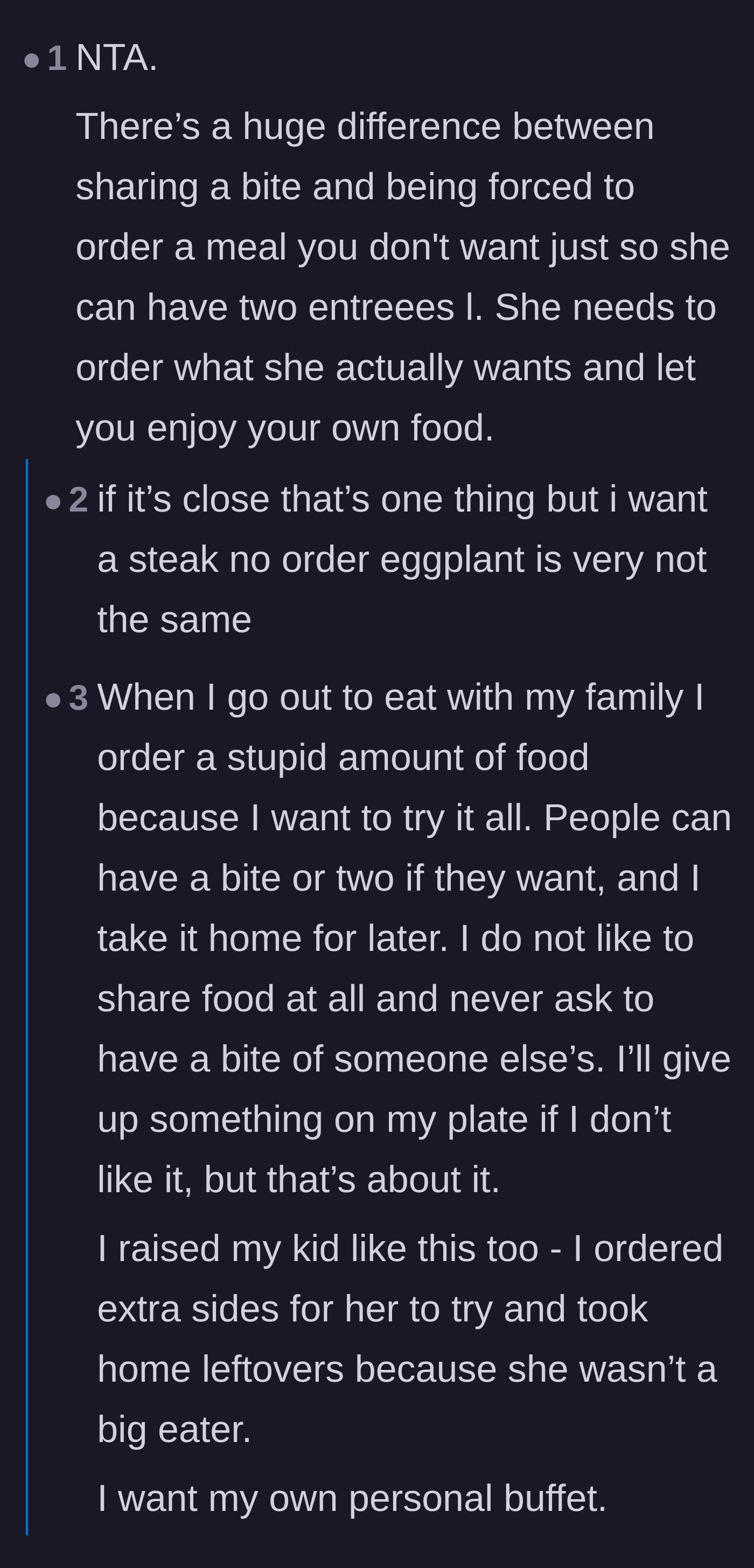 Comment thread 3 - Commentary on the distinct difference between politely sharing a bite and being forced to trade halves of a meal.
