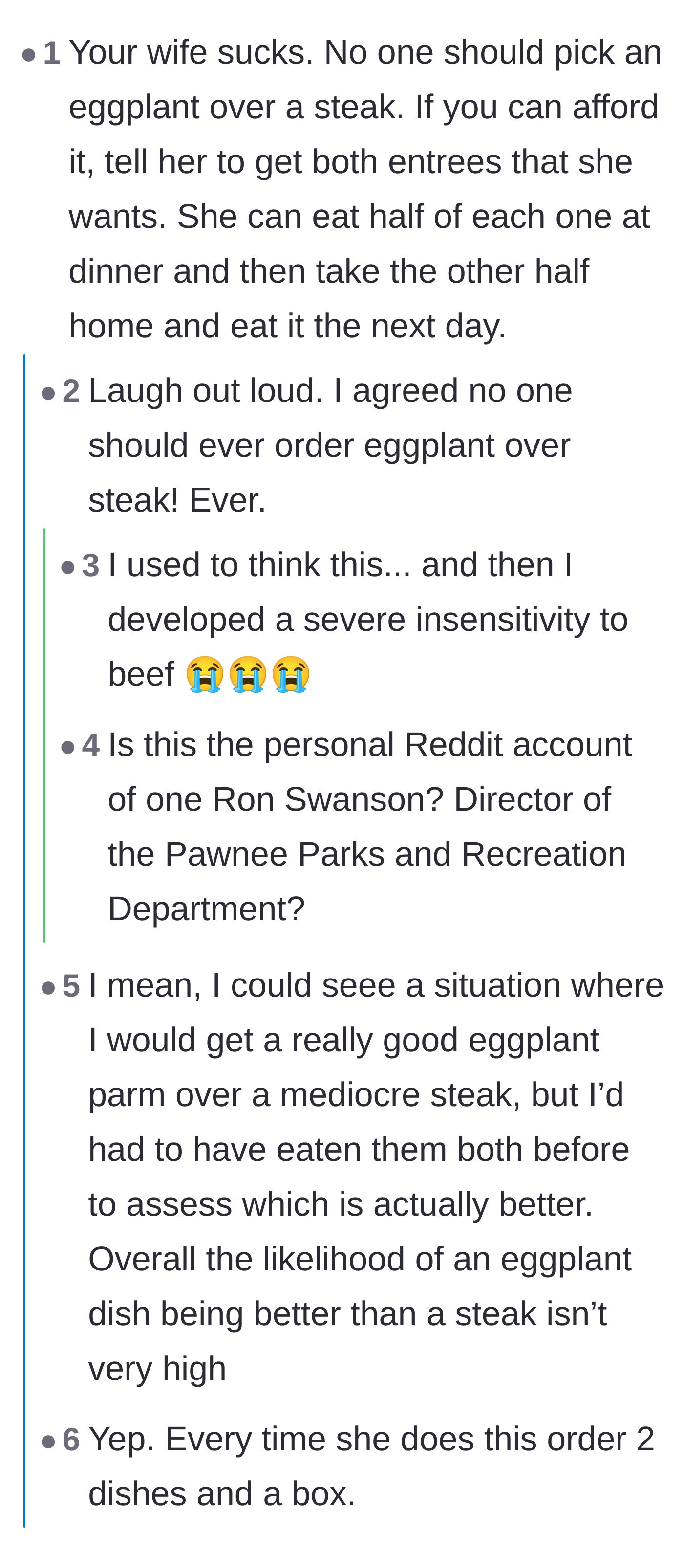 Comment thread 5 - A humorous but fierce culinary debate over whether any eggplant dish could ever genuinely compete with a steak.