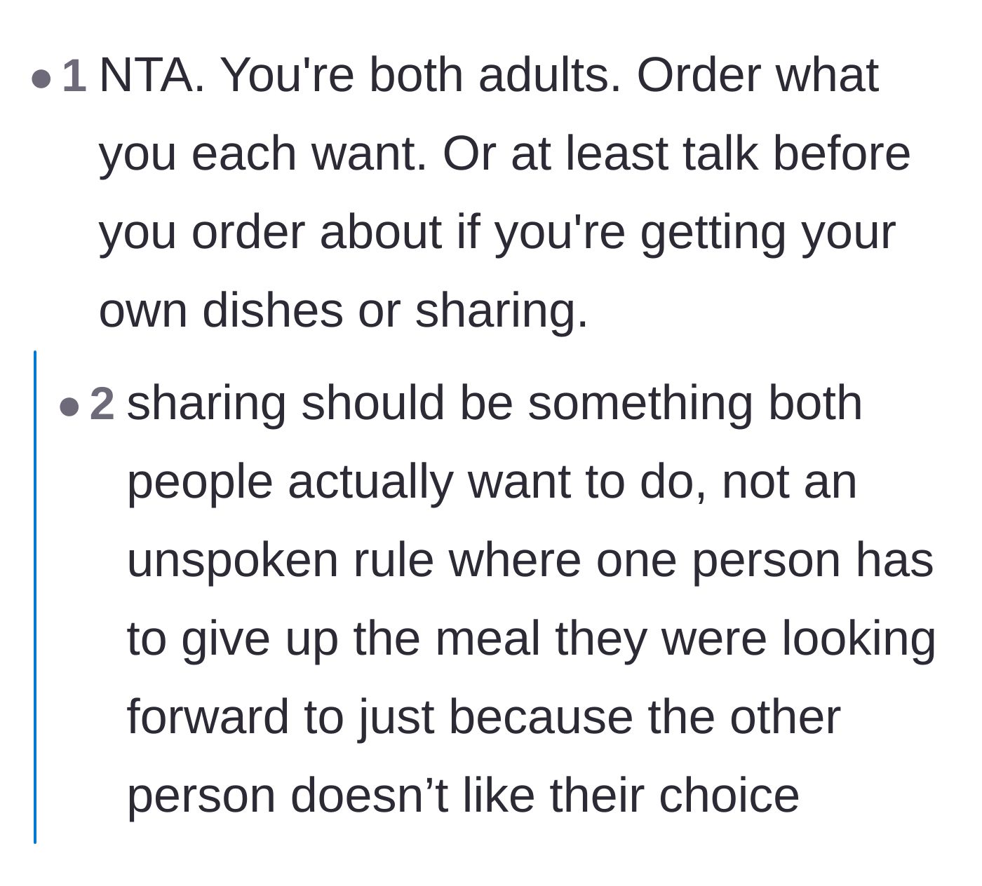 Comment thread 6 - A firm reminder that two grown adults should be fully capable of ordering and eating their own preferred meals.